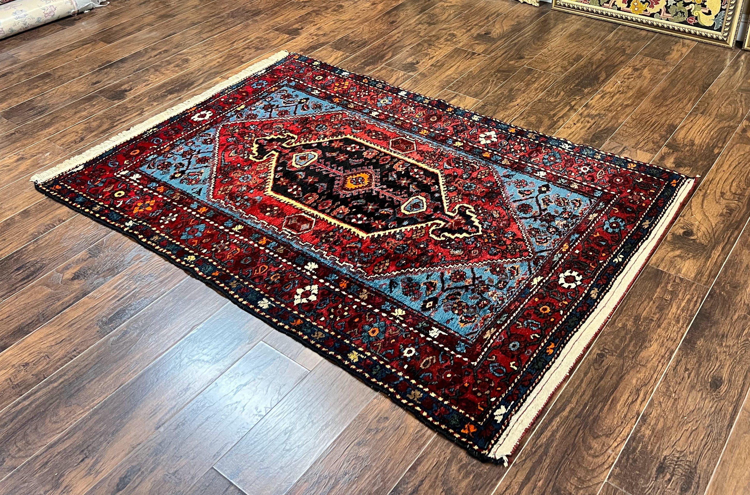 Antique Persian Tribal Rug 4x7, Wool Handmade 1920s Carpet, Red Blue, Persian Hamadan Rug - Jewel Rugs