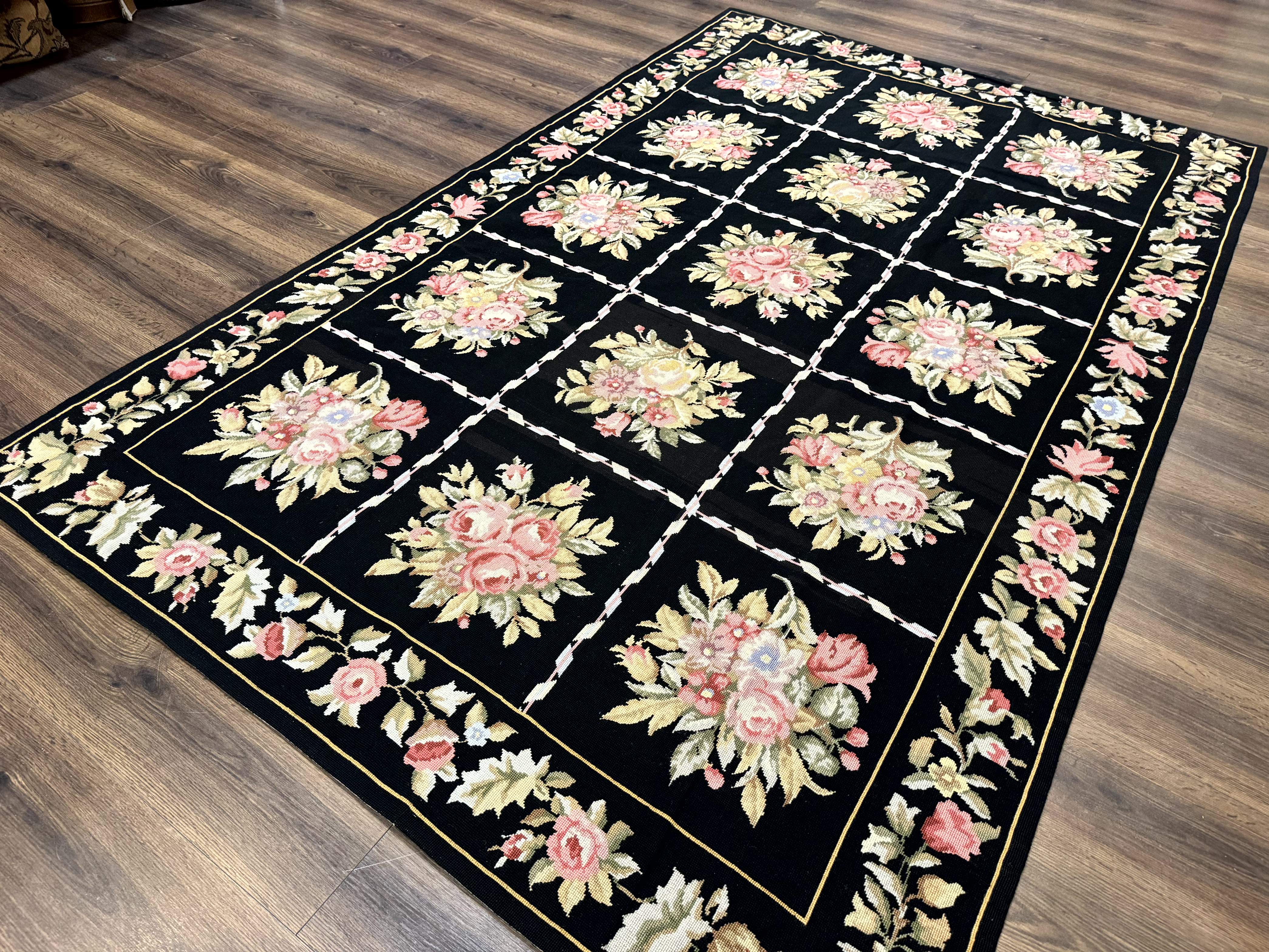Black Floral Needlepoint Rug 5x9, European Panel Design, Vintage Carpet - Jewel Rugs