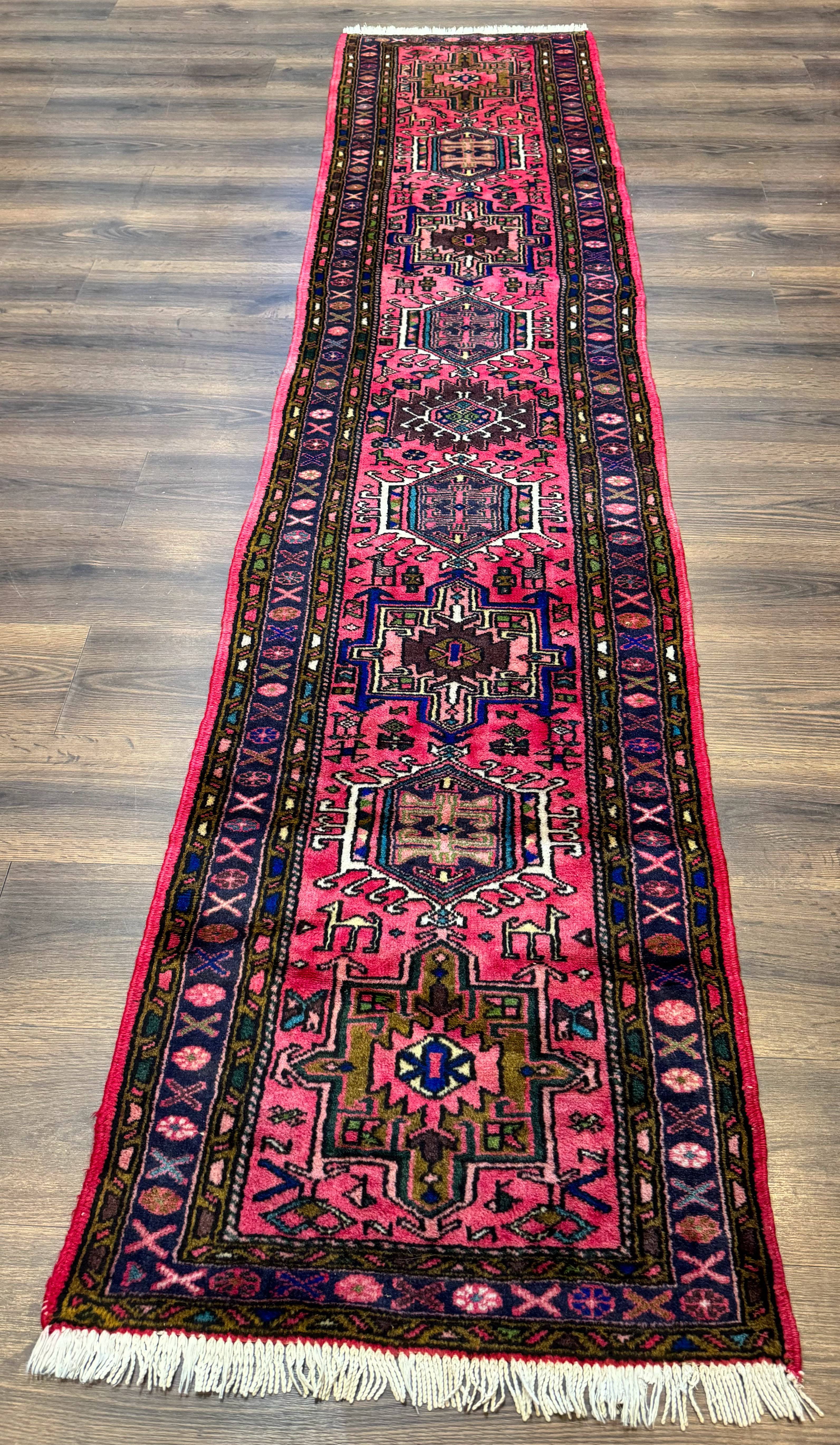 Vintage Persian Karajeh Runner Rug 2 x 9.8, Pink and Navy, Geometric Design - Jewel Rugs