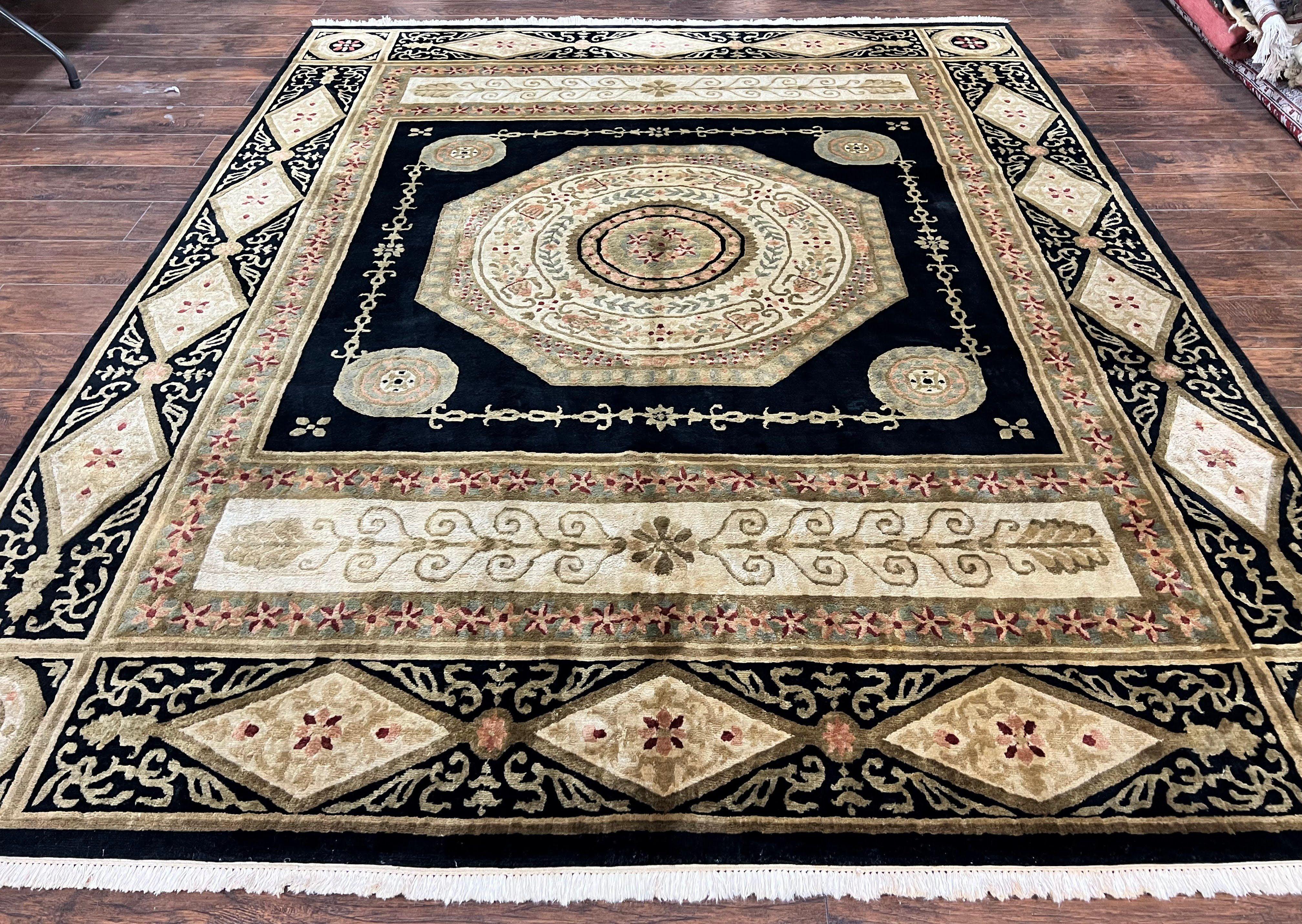 Tibetan Rug 8x10, Nepali Area Rug, Soft New Zealand Wool Carpet 8 x 10 ft, Black Tan Beige, Vintage Handmade Rug, French Aubusson Pattern - Jewel Rugs