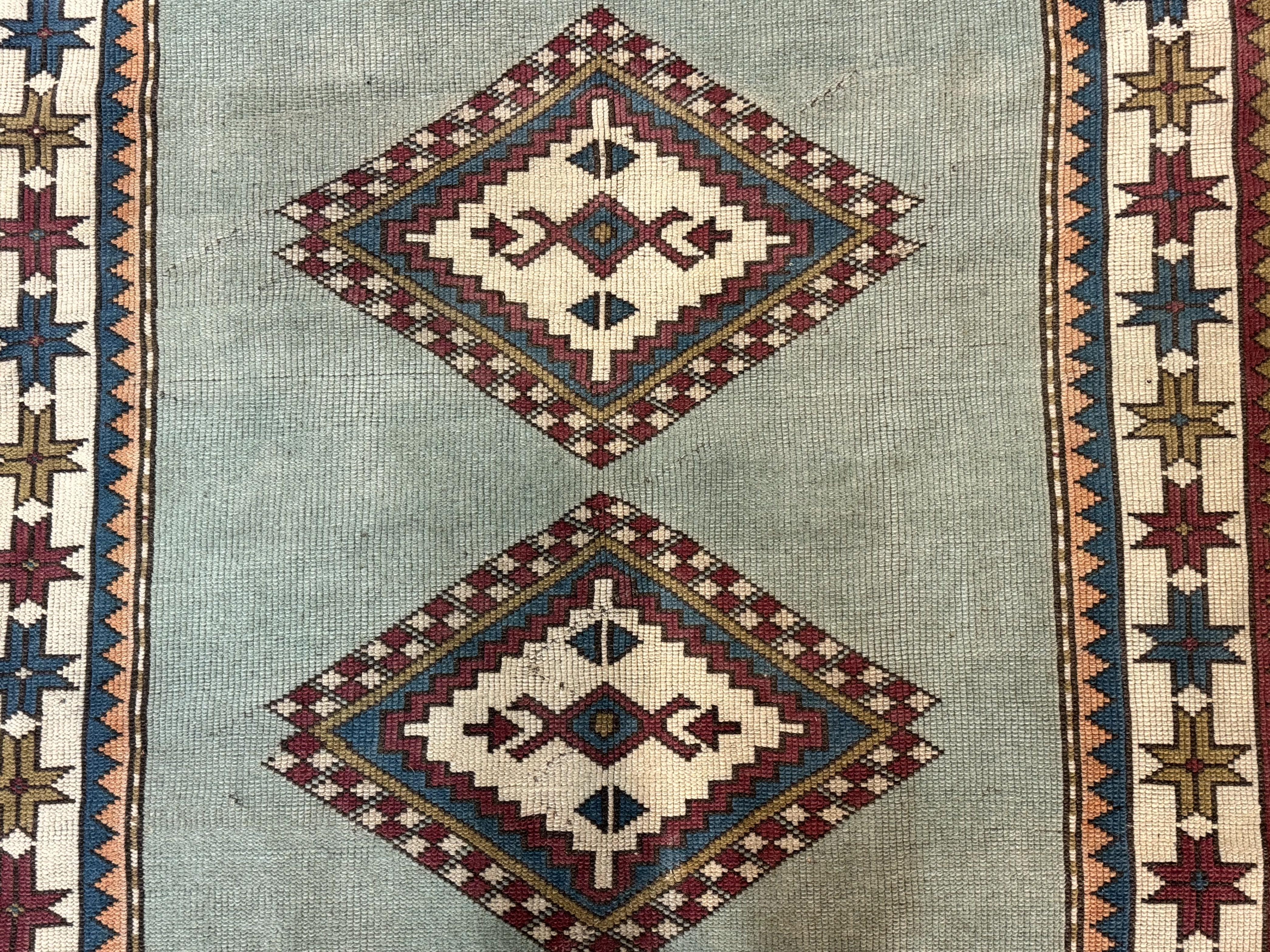 Turkish Kazak Rug 4x6, Geometric Medallion, Caucasian Design Rug, Semi Antique Vintage, Mint Green Maroon Ivory - Jewel Rugs