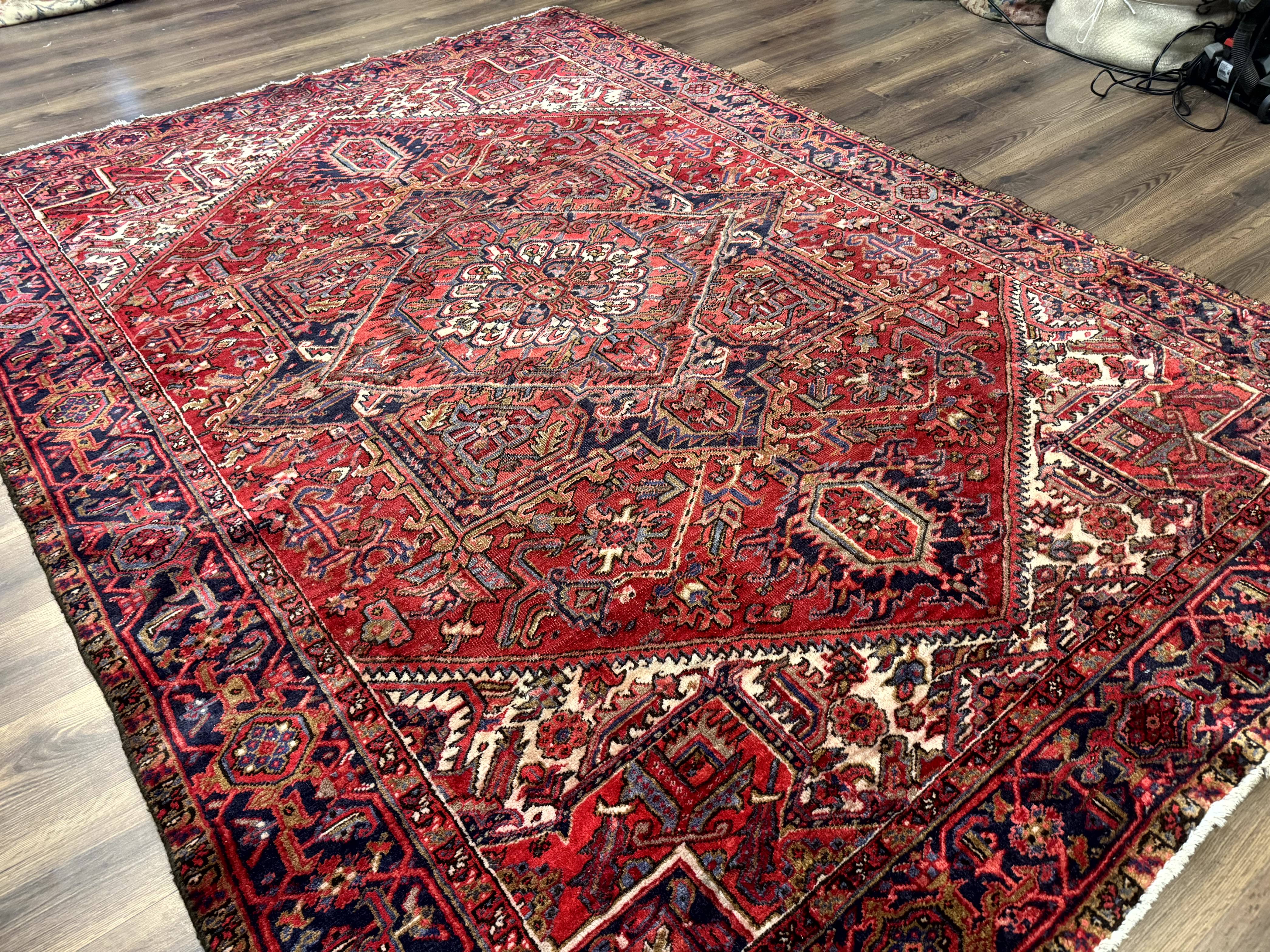 Persian Heriz Rug 7x10, Geometric Pattern, Red Ivory Navy Blue - Jewel Rugs