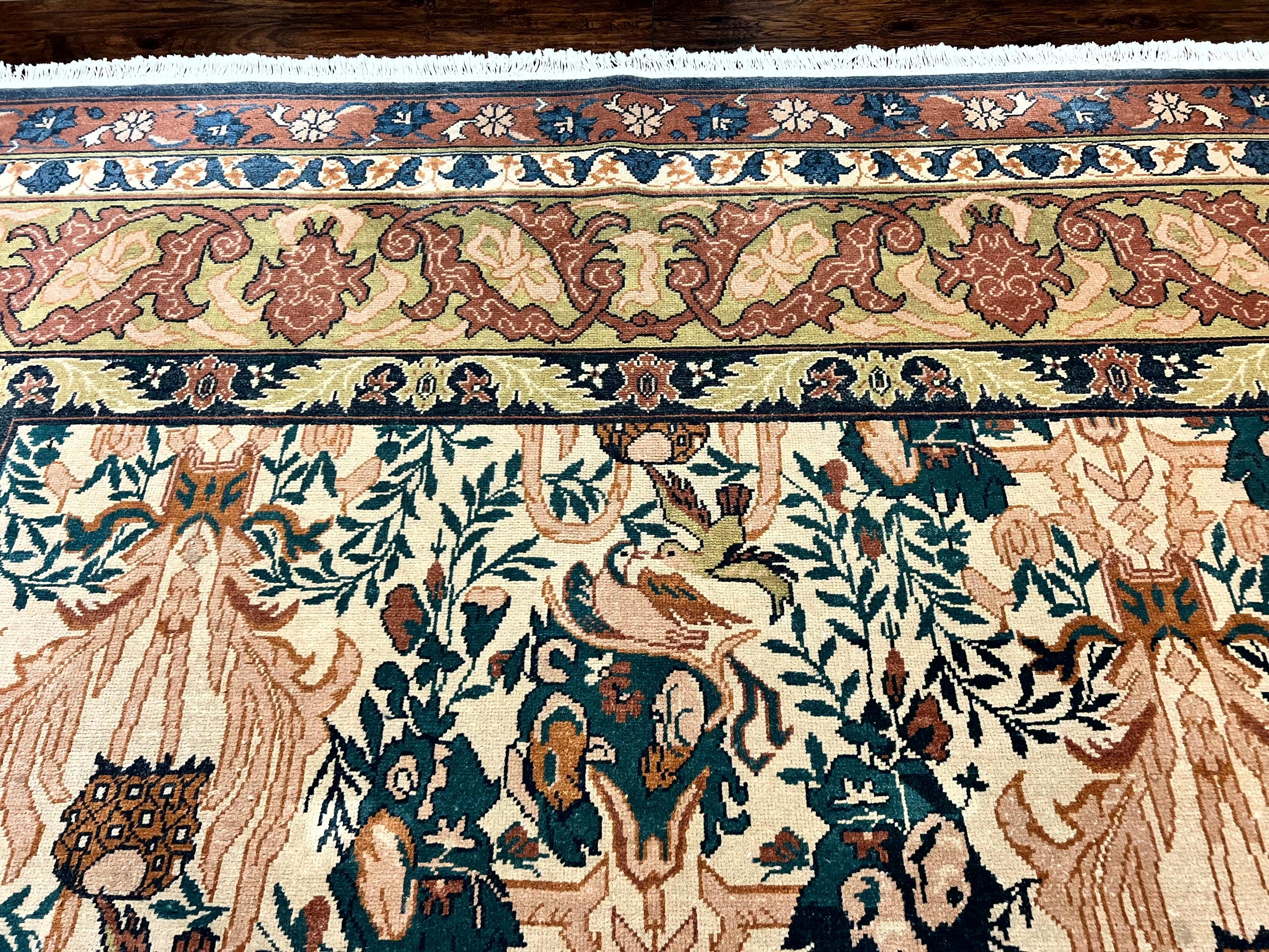 10x13 Wool Rug, Floral Pattern, Birds, Handmade Vintage Carpet, Couristan Rug, Beige - Jewel Rugs