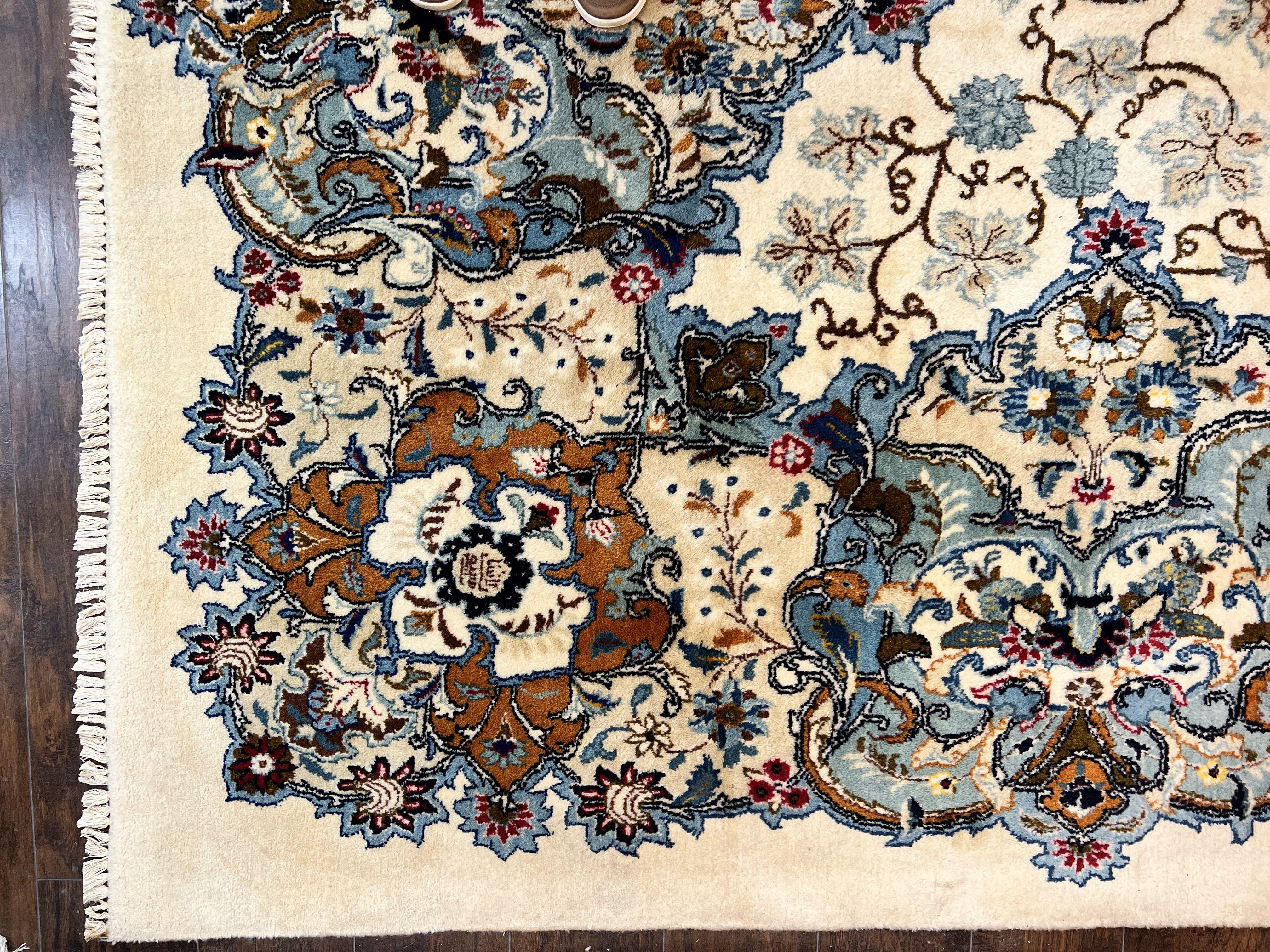 Palace Size Persian Kashan Rug 11x19 ft, Handmade Hand Knotted Oversized Extra Large Wool Semi Antique Oriental Carpet, Ivory and Light Blue Floral - Jewel Rugs