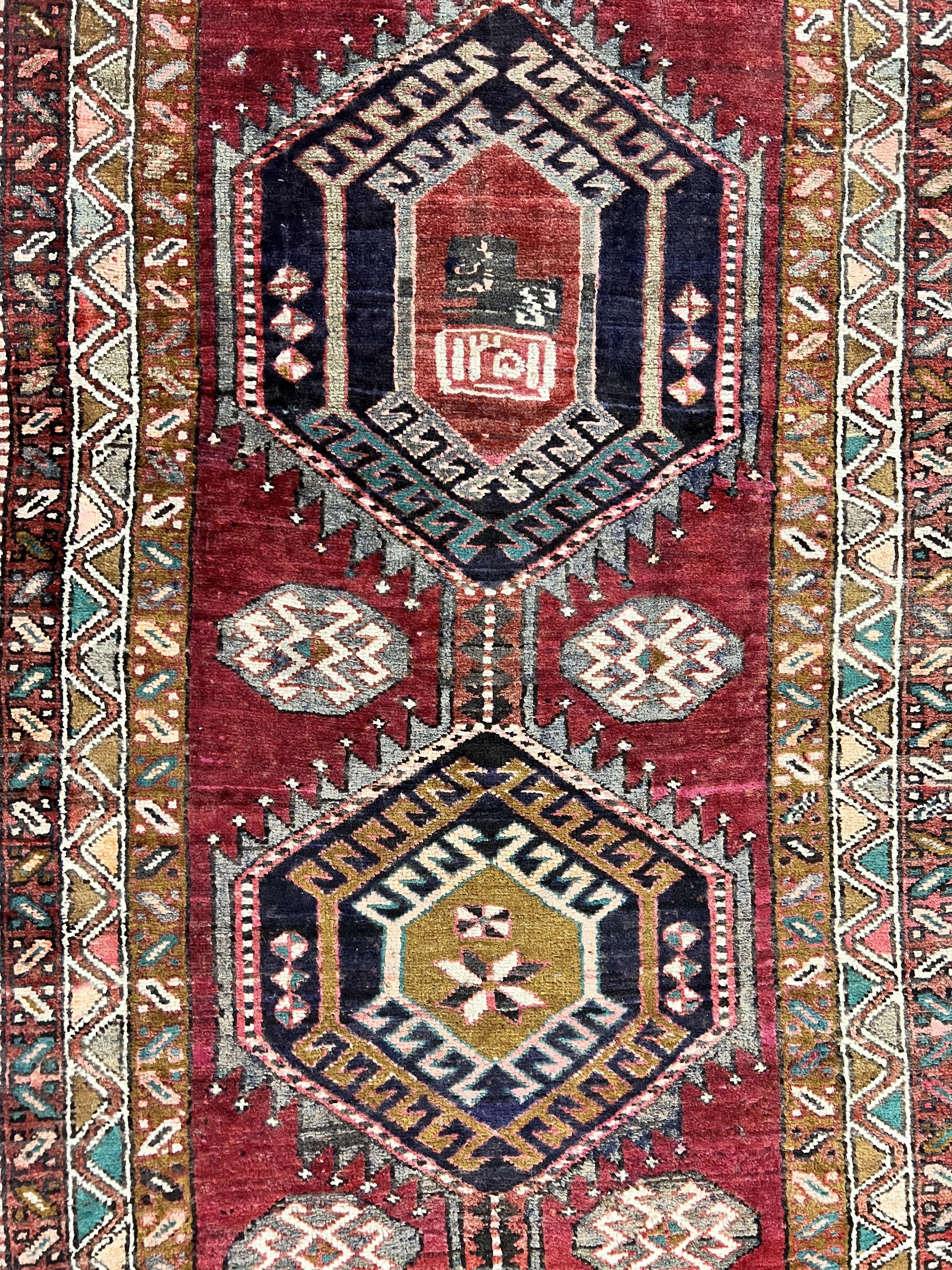 Persian Heriz Runner Rug 3.8 x 8.6, Geometric Design, Large Triple Medallions, Hand Knotted Handmade Vintage Wool Hallway Rug, Red - Jewel Rugs