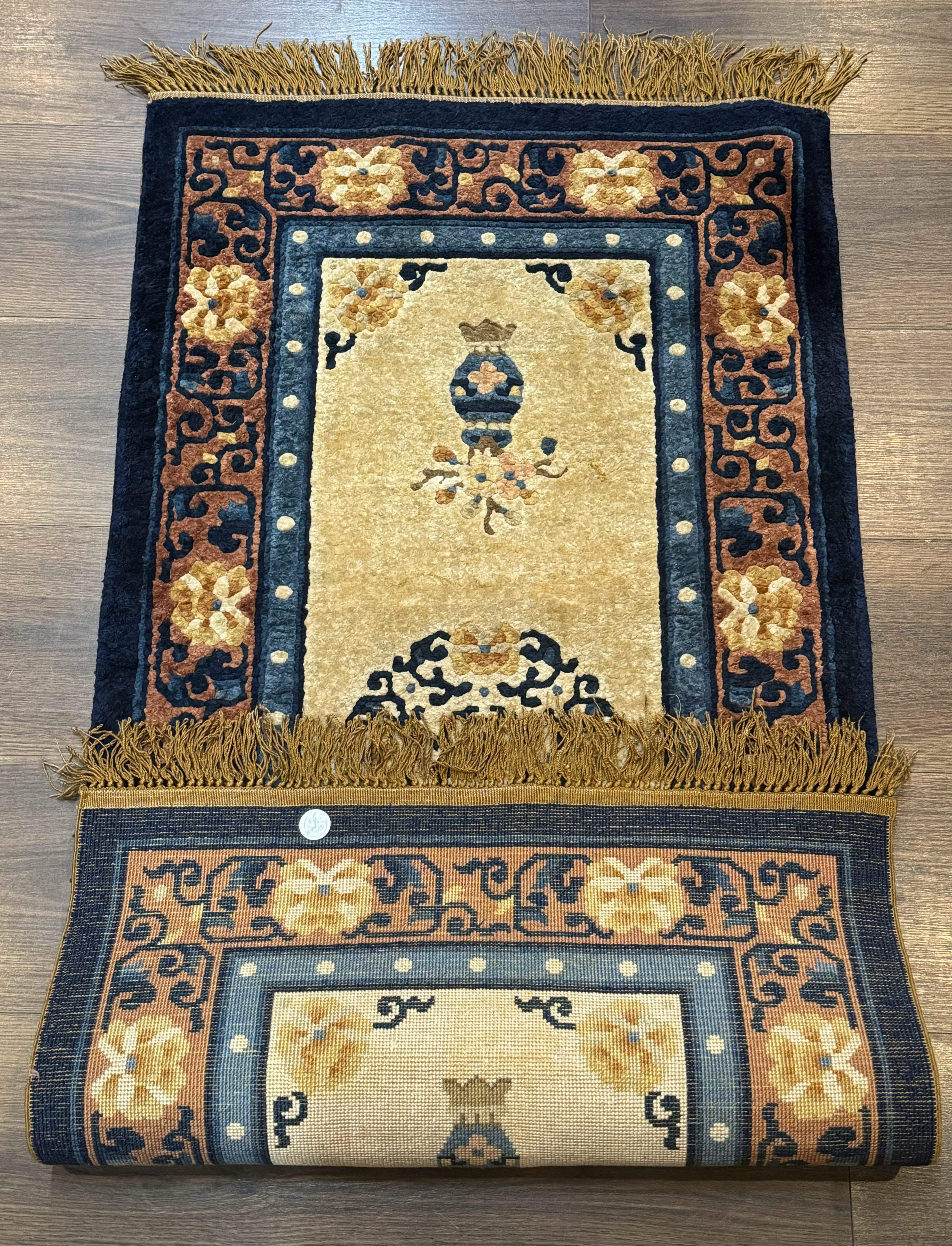 Silk Chinese Rug 2x4, Peking Carpet, Golden-Beige and Blue, Hand Knotted, Simple Design - Jewel Rugs