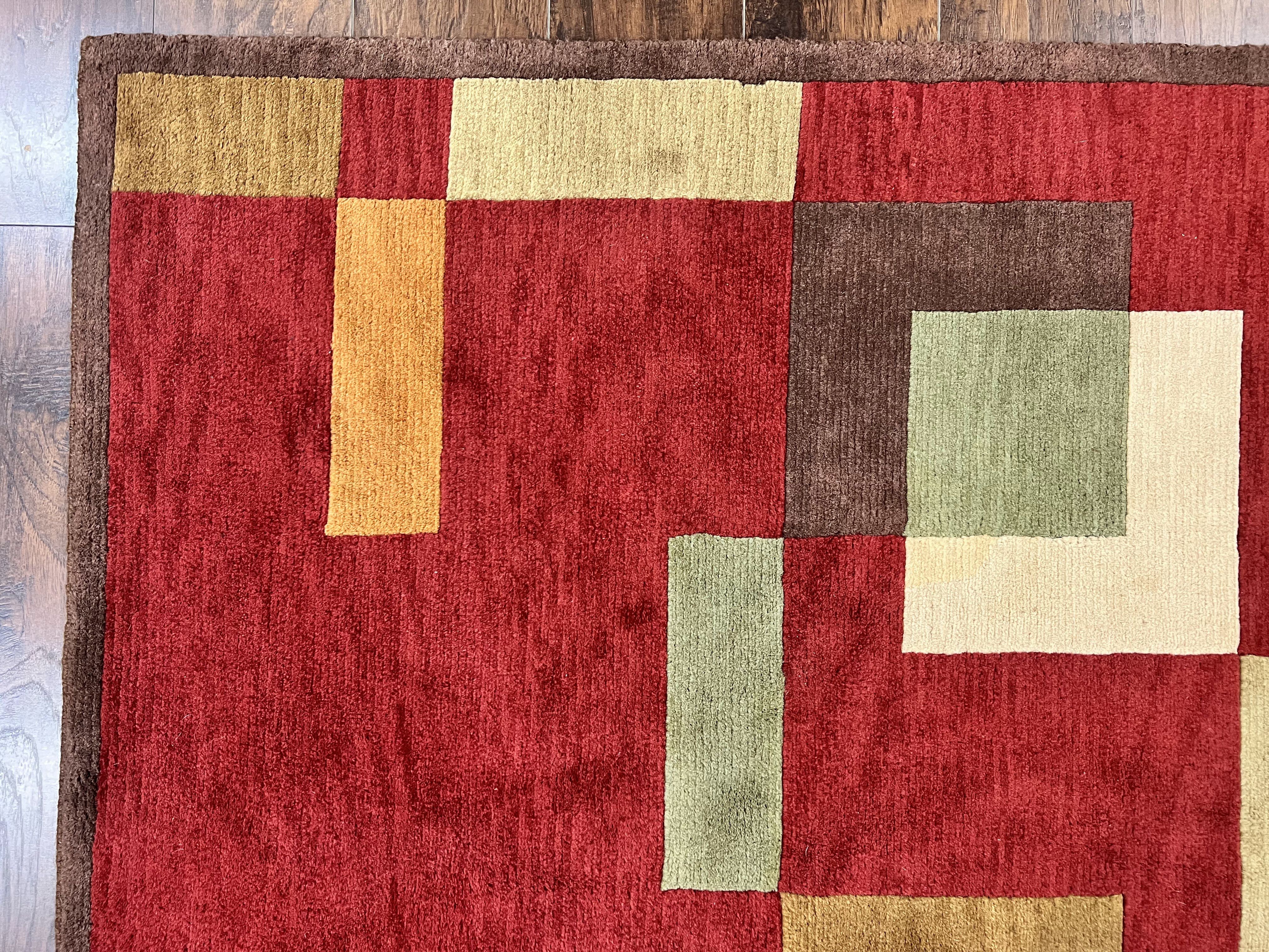 Indo Tibetan Modern Rug 5x8, Abstract Rug 5 x 8 ft, Red Multicolor Wool Handmade Contemporary Area Rug - Jewel Rugs