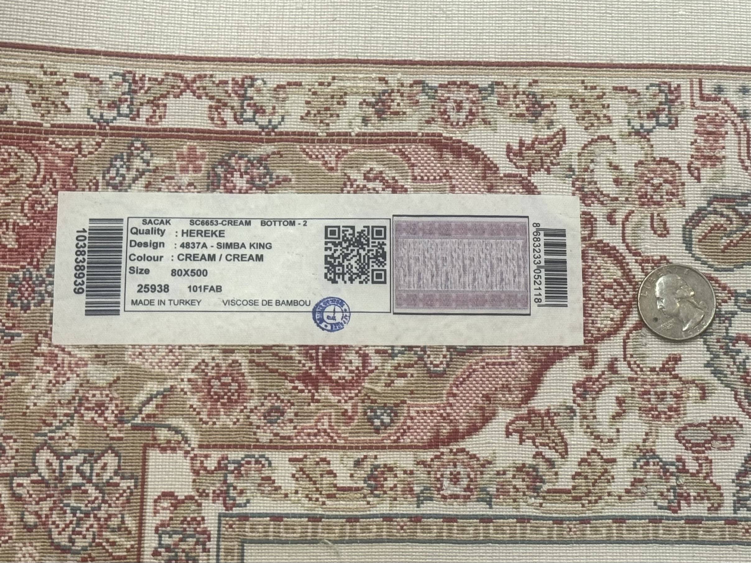 Long Turkish Silk Runner Rug 2.6 x 16.5, Hunting Design, Ivory, Bamboo Silk, New - Jewel Rugs