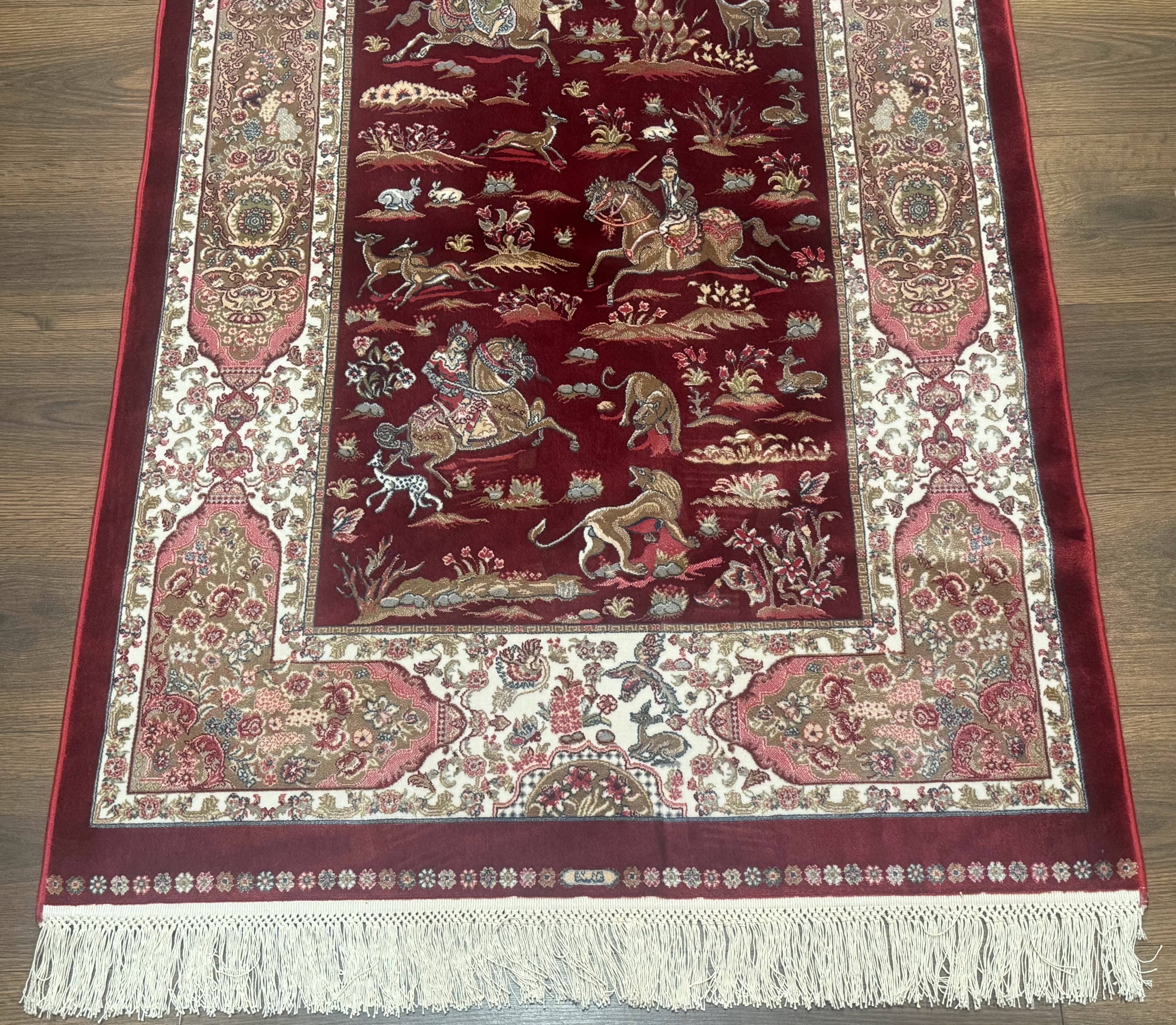 Turkish Silk Rug 3x5, Hunting Design, Dark Red & Ivory, Bamboo Silk, New - Jewel Rugs