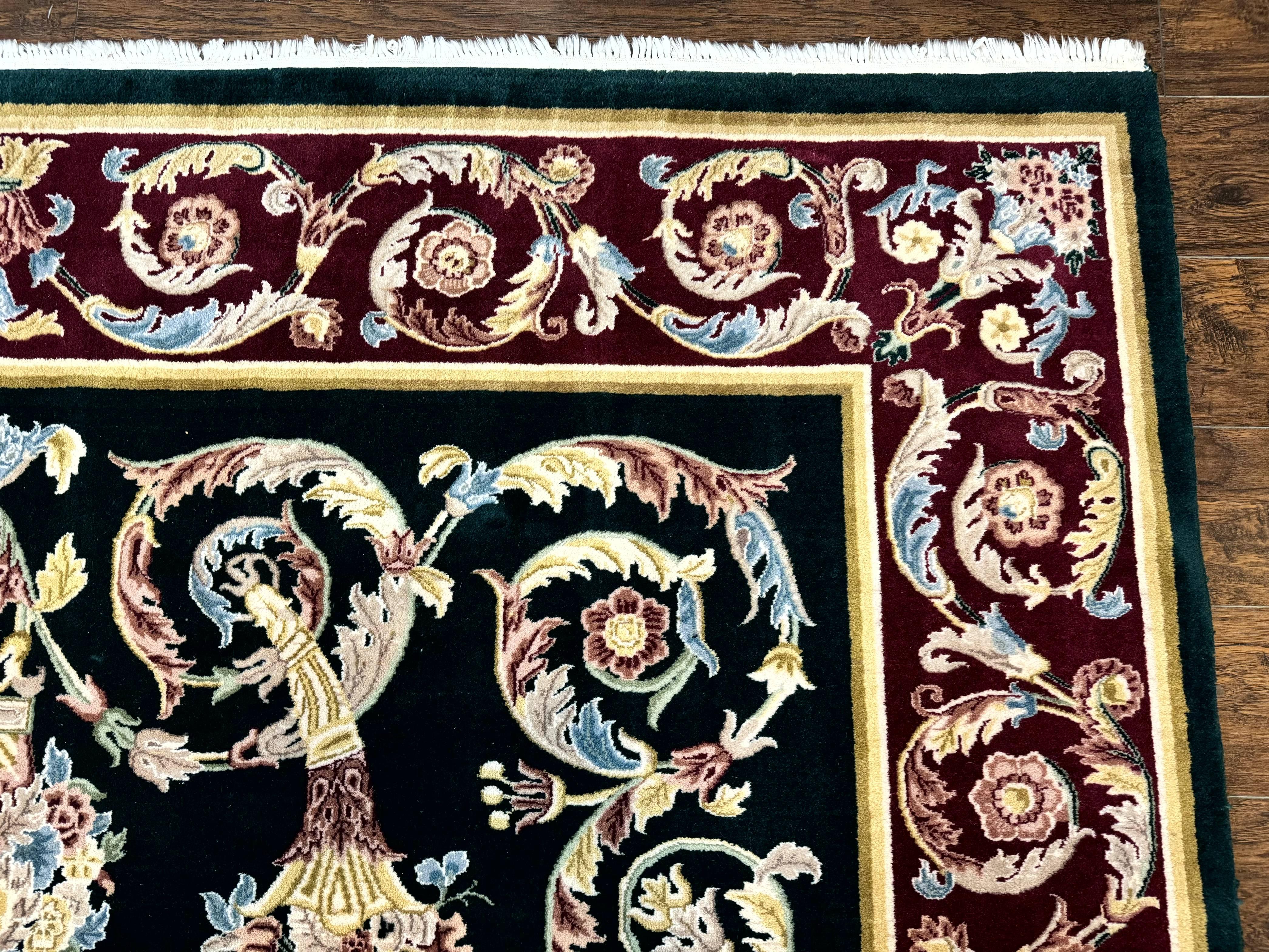Aubusson Rug 9x12, Dark Green, European Design, Vintage Fine Handmade Carpet, Elegant - Jewel Rugs