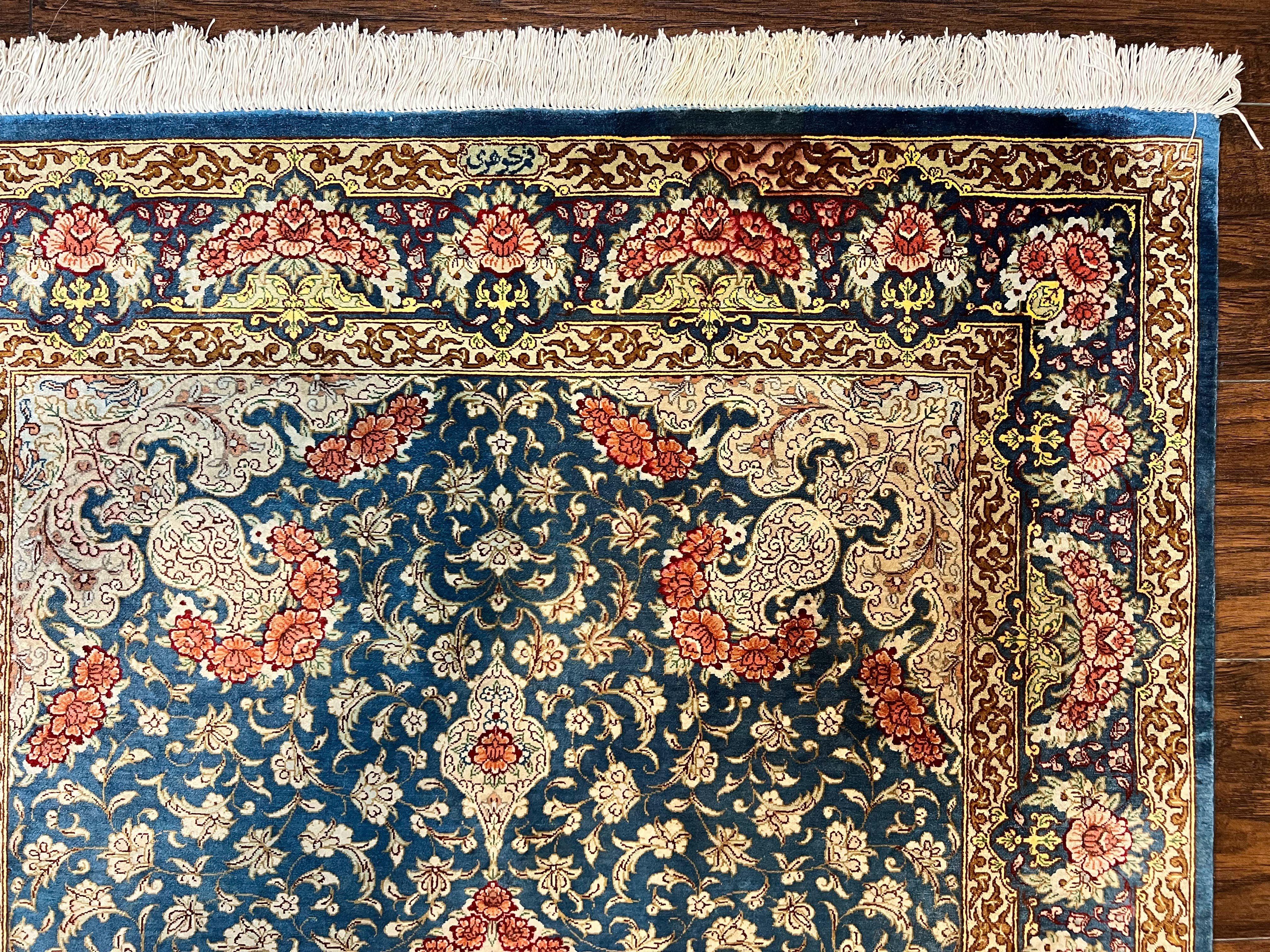 Magnificent Persian Qum Silk Rug 3x5, Blue, Super Fine 675 KPSI - 70 Raj, Floral Roses, Handmade Vintage Silk Carpet, Masterpiece - Jewel Rugs