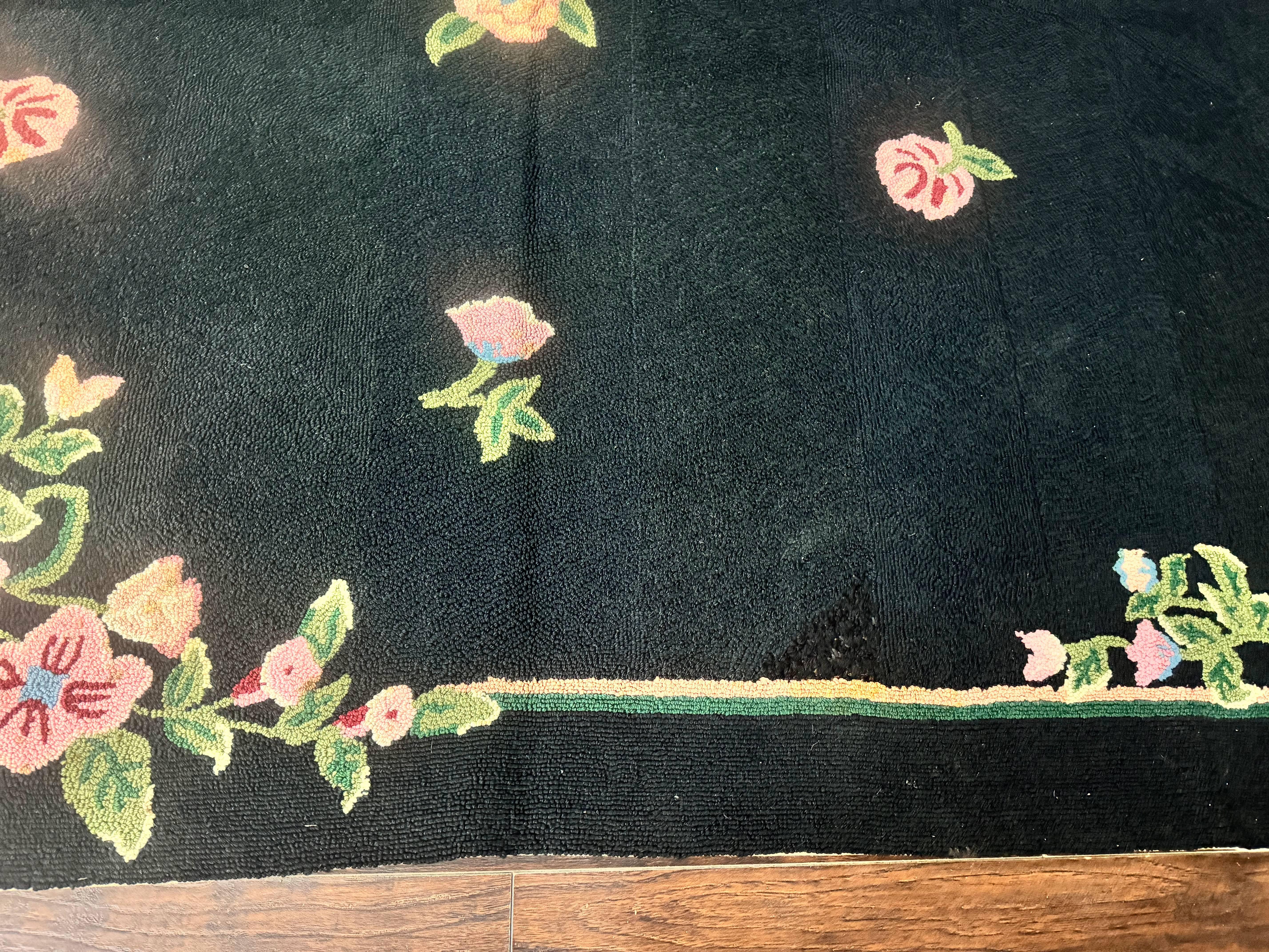 Vintage Hand Hooked Rug 8x11, Black, Handmade Floral Carpet - Jewel Rugs