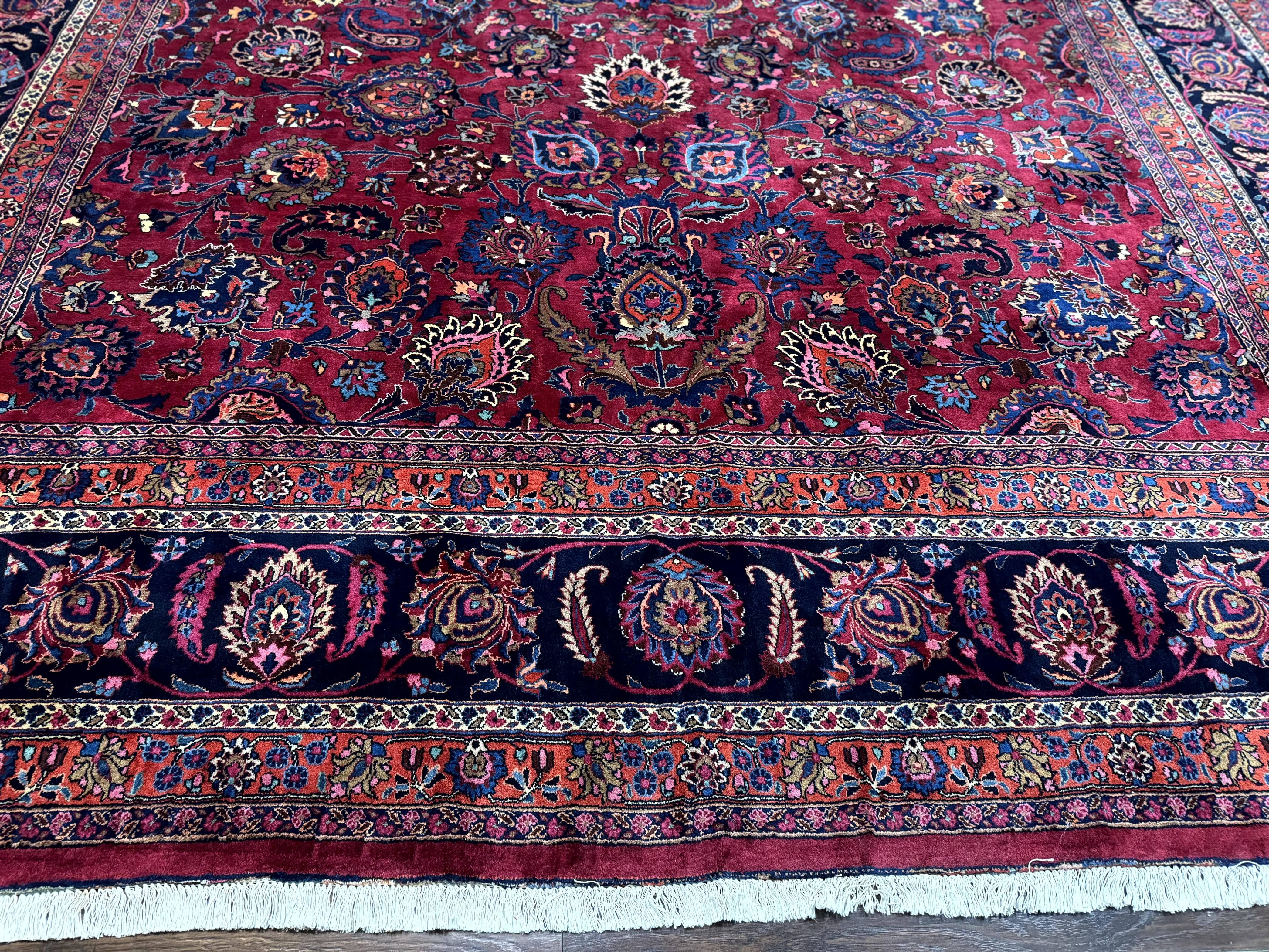 Palace Size Persian Mashad Rug 12x16, Raspberry and Navy Blue, Signature from Master Weaver, Antique Handmade Large Wool Carpet - Jewel Rugs