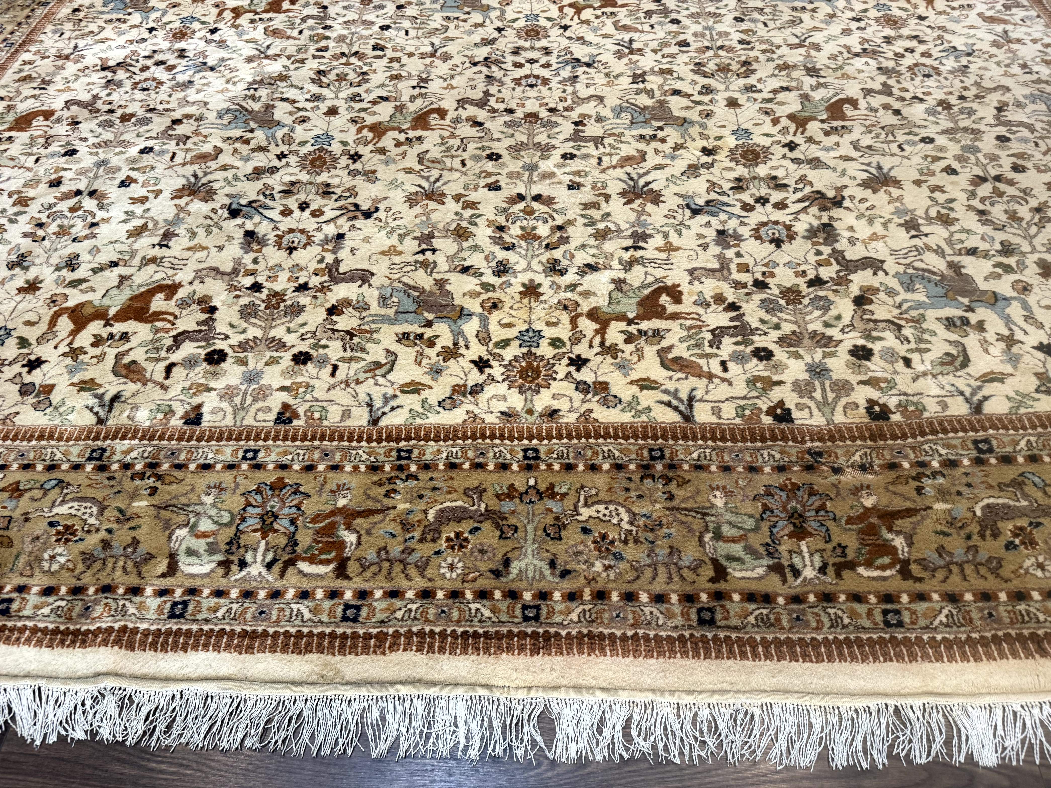 Palace Size Persian Tabriz Rug 12x15 – Beige and Tan, Hunting Design, Wool, Animal Pictorials - Jewel Rugs