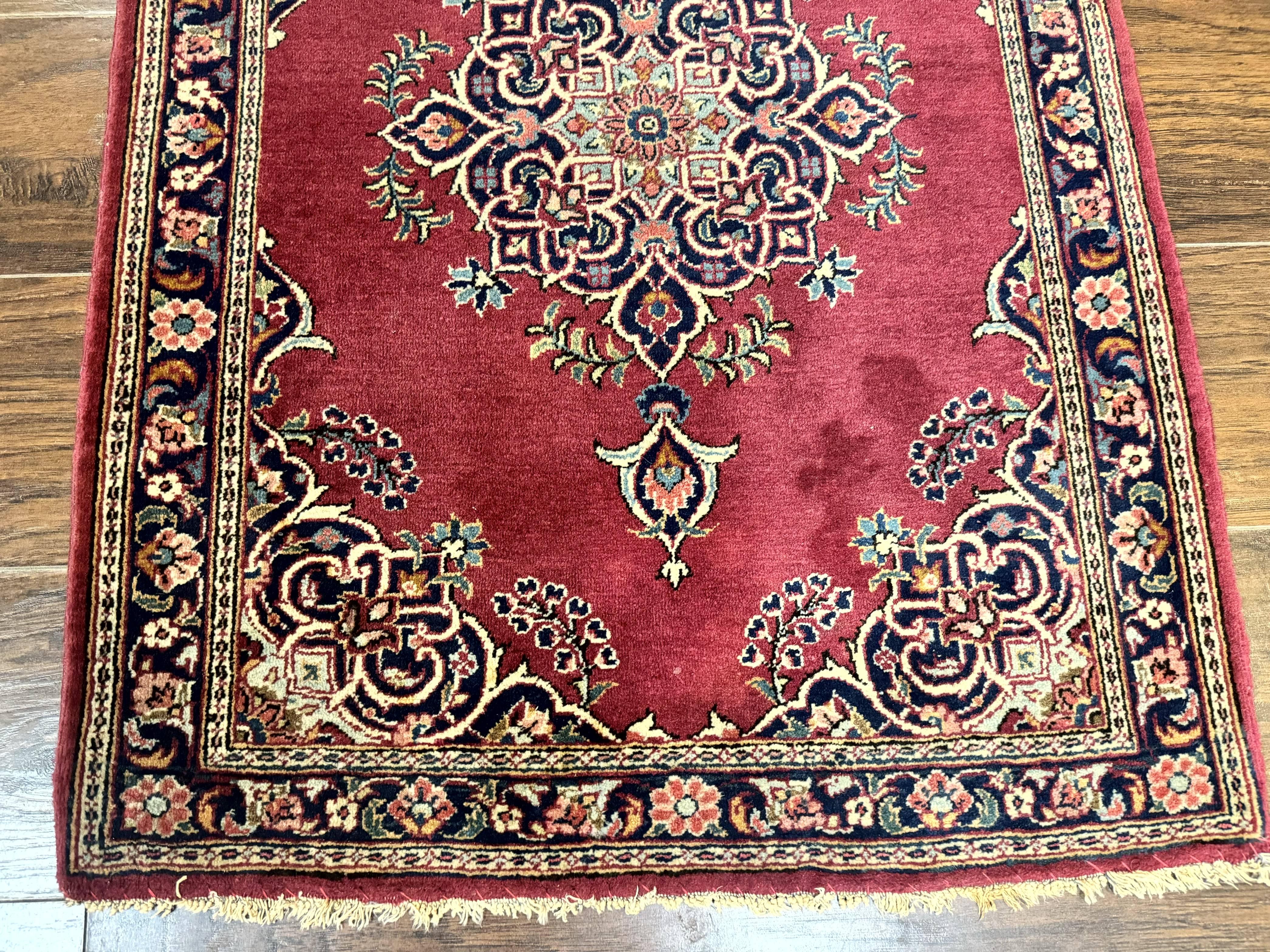 Small Persian Kashan Rug 2x3, Red and Navy Blue, Handmade Vintage Wool Semi Antique Persian Carpet, Semi Open Field - Jewel Rugs