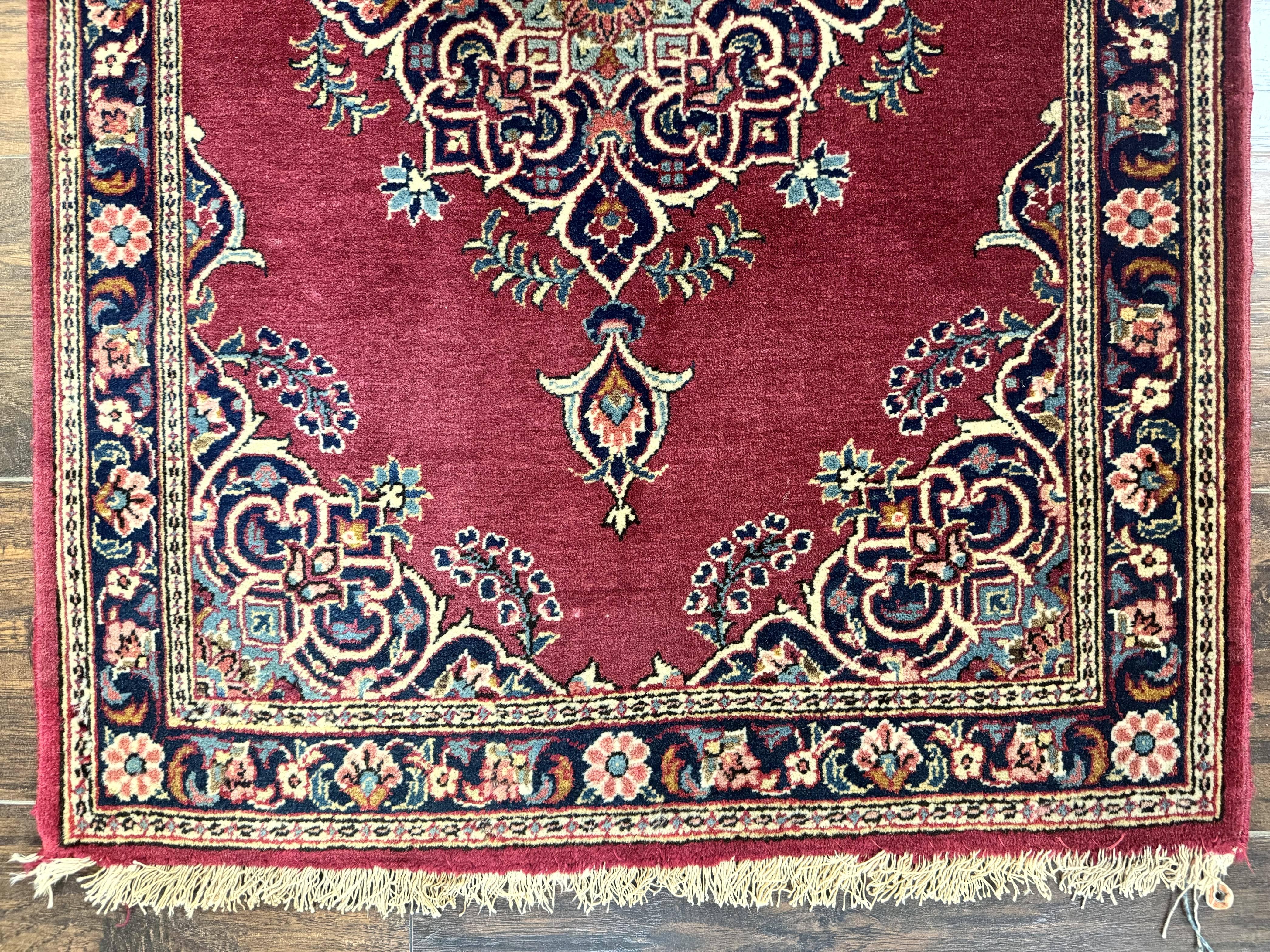 Small Persian Kashan Rug 2x3, Red and Navy Blue, Handmade Vintage Wool Semi Antique Persian Carpet, Semi Open Field - Jewel Rugs