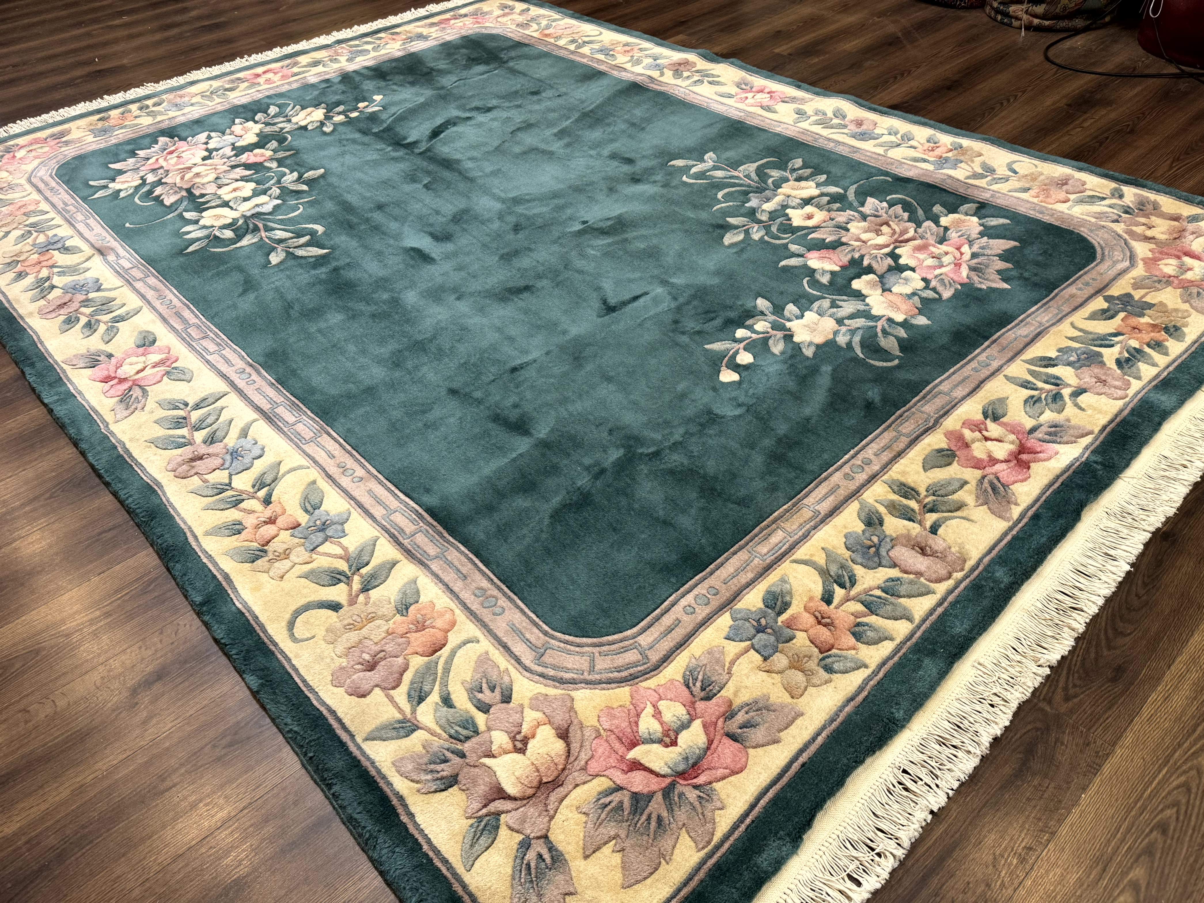 Chinese 90 Line Rug 8x11 ft – Teal and Beige, Hand-Knotted Wool, Aubusson Vintage Carpet - Jewel Rugs