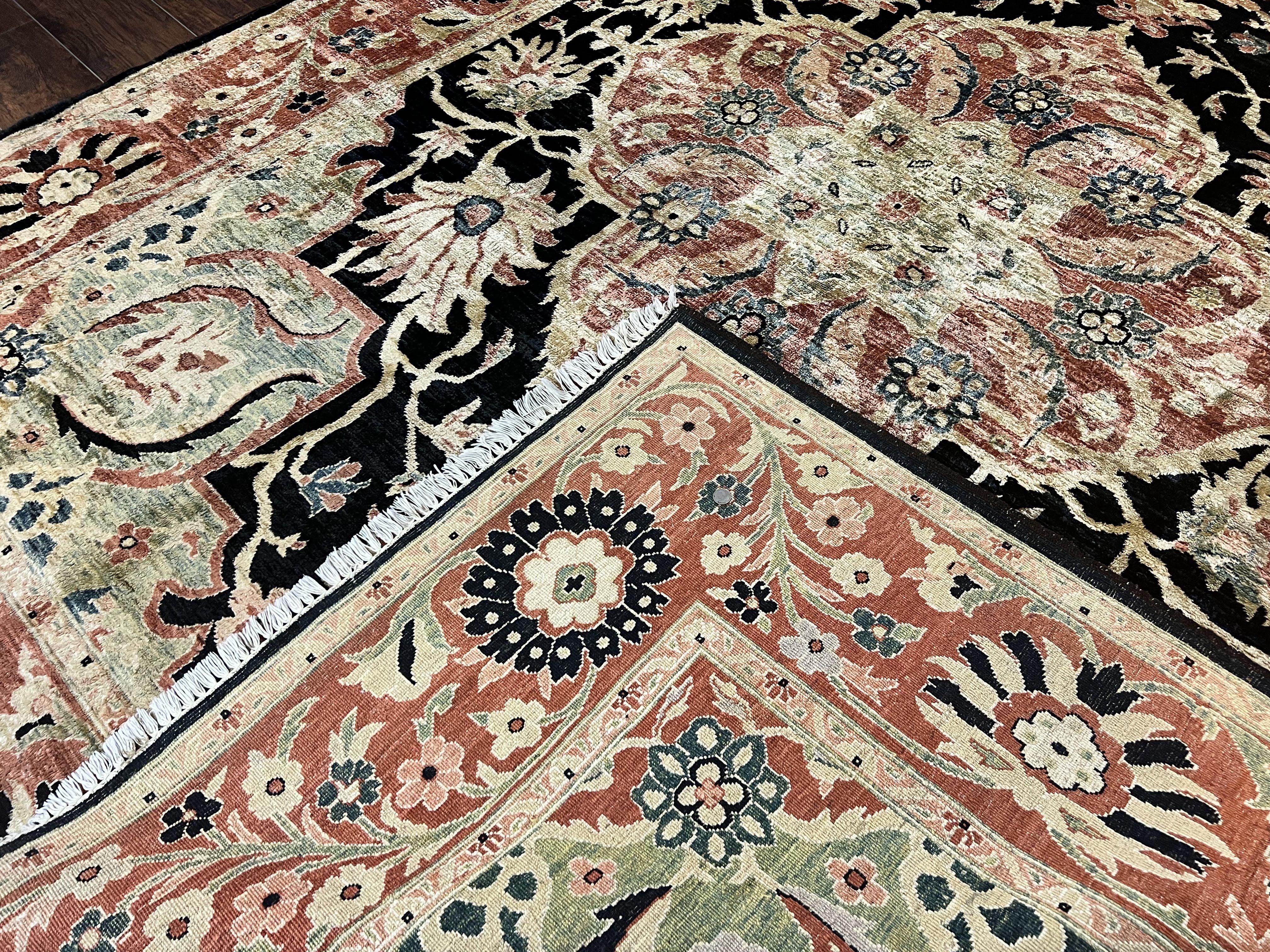 Pak Persian Rug 8x10, Pakistani Mahal Sultanabad Carpet, Signature from Master Weaver, Shiny Wool, Black Red Vintage Handmade Medallion Rug - Jewel Rugs