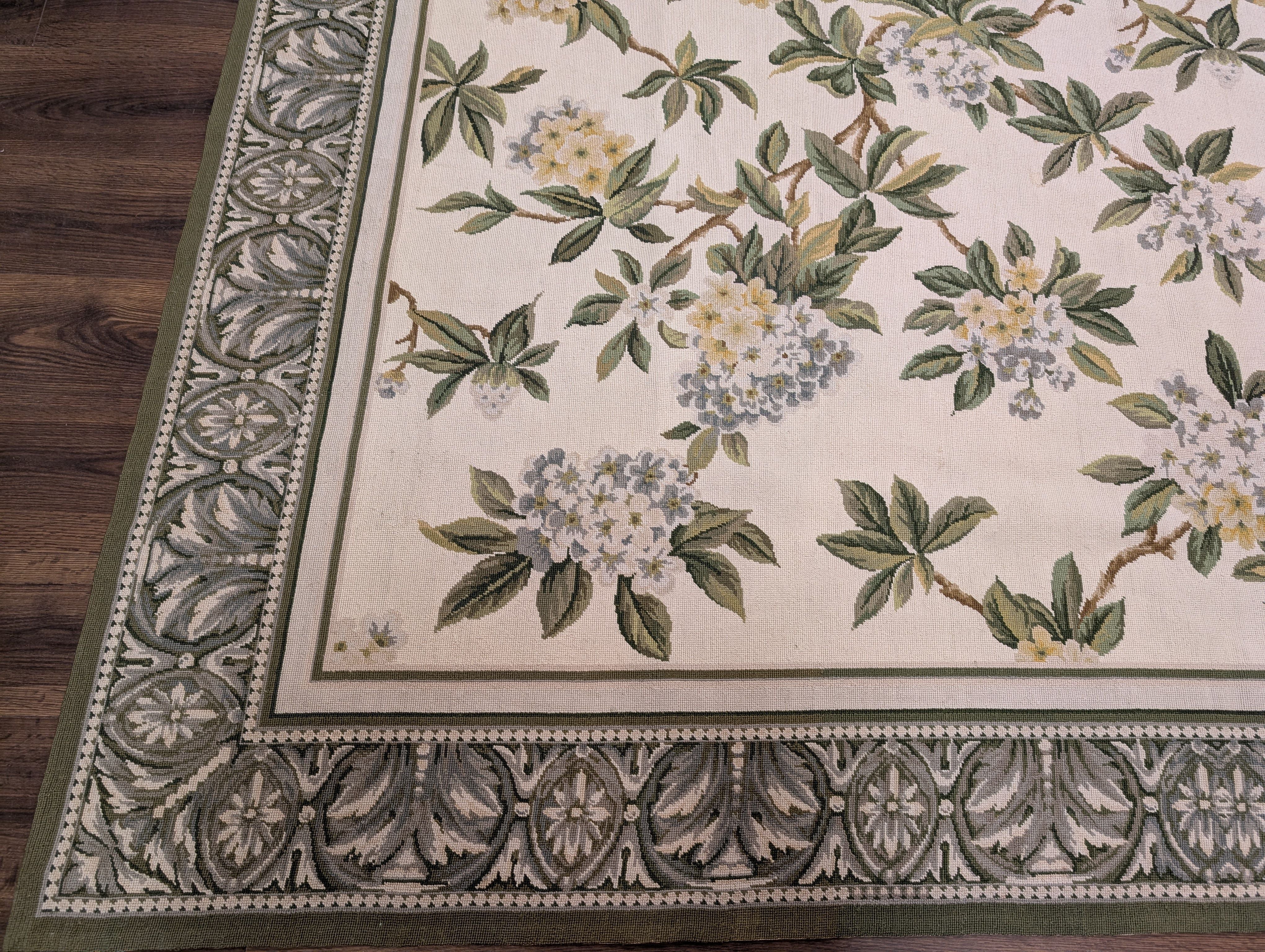 Needlepoint Rug 9x12, Floral, Ivory and Green, Wool - Jewel Rugs