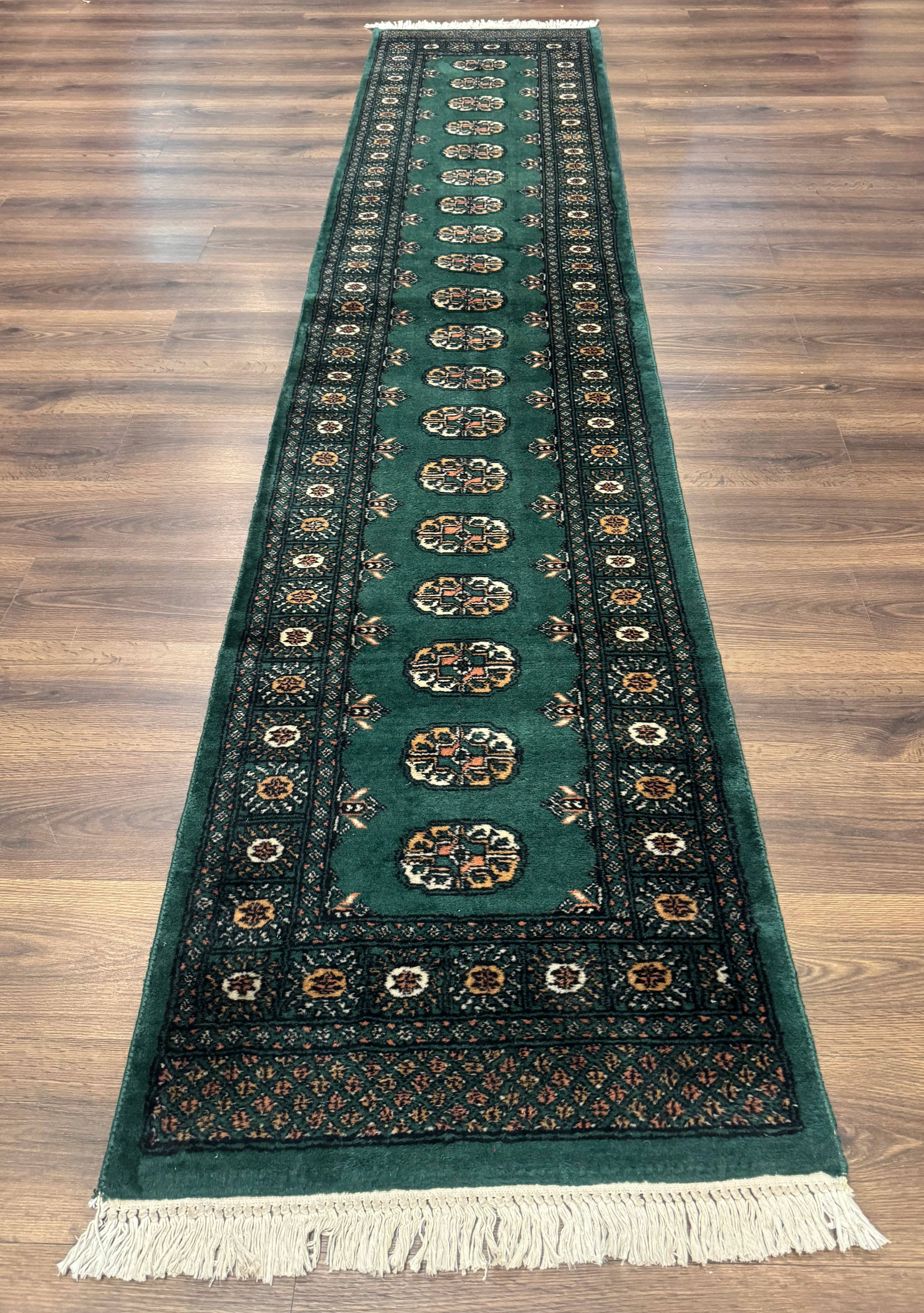 Pakistani Bokhara Runner Rug 2.5 x 11, Green Turkoman Wool Runner for Hallway - Jewel Rugs
