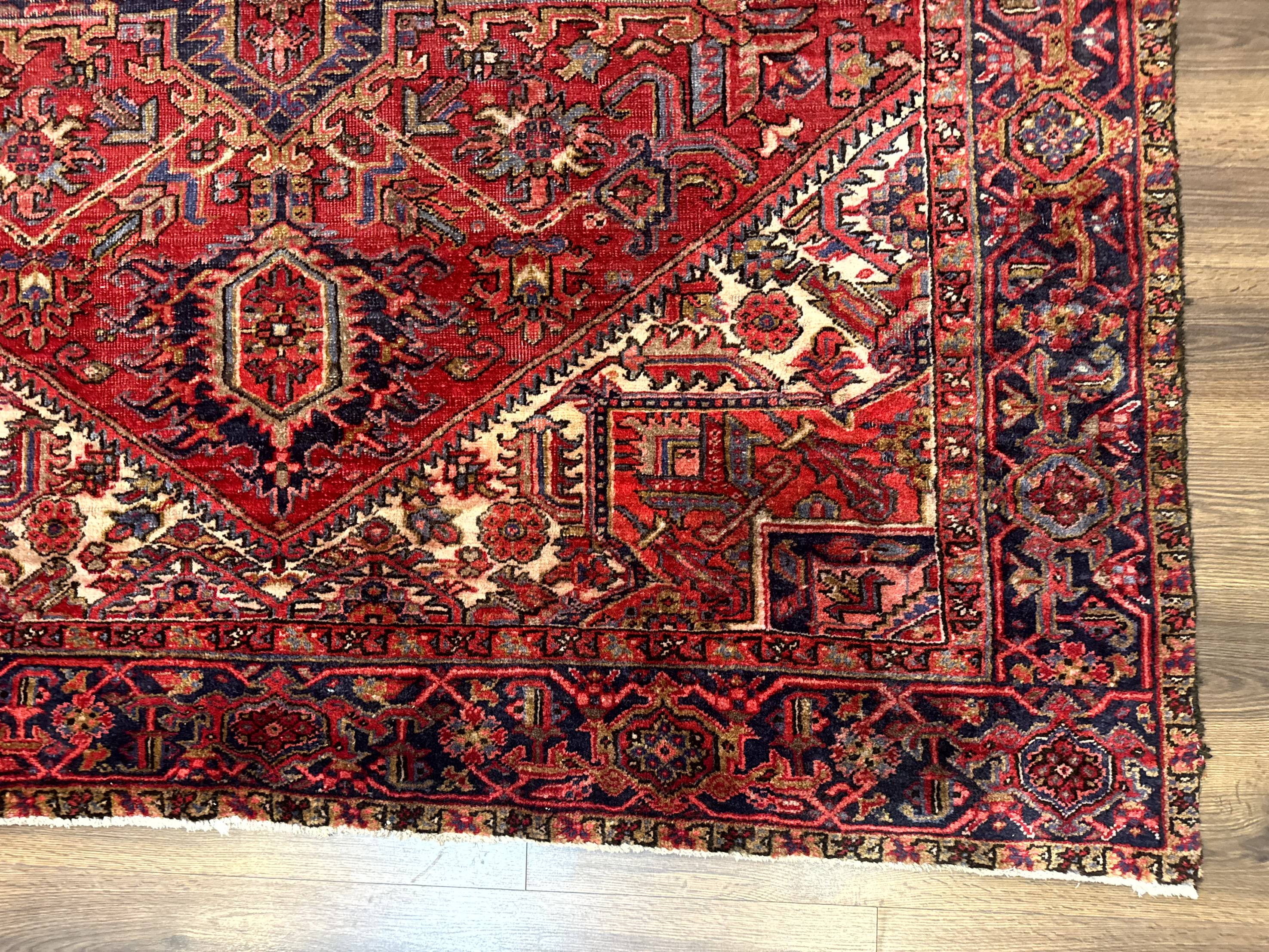 Persian Heriz Rug 7x10, Geometric Pattern, Red Ivory Navy Blue - Jewel Rugs