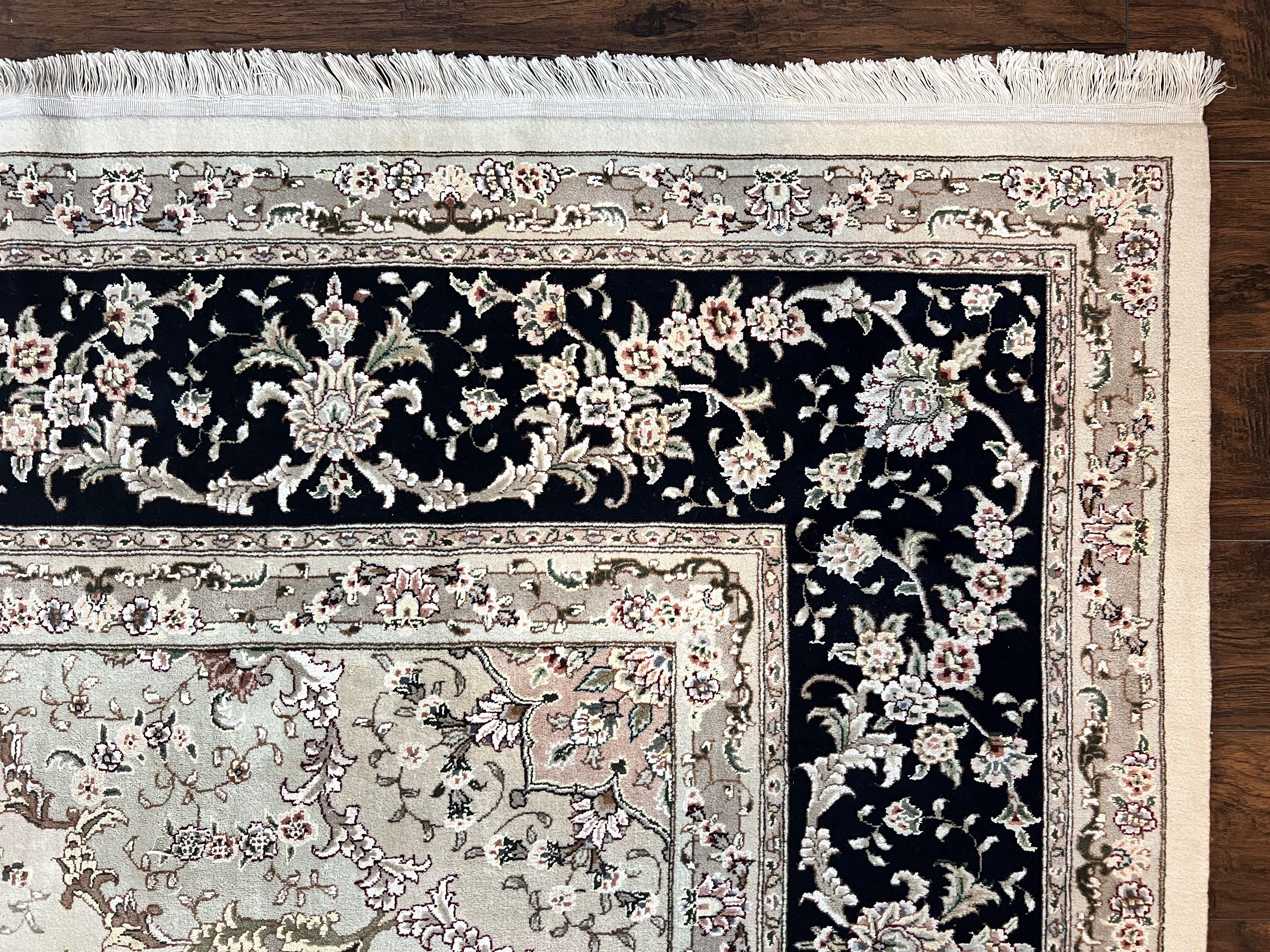 Sino Persian Rug 12x15, Ivory and Black, Floral Medallion Carpet, Large Palace Size Oriental Rug, Wool and Silk Highlights, Vintage Rug - Jewel Rugs
