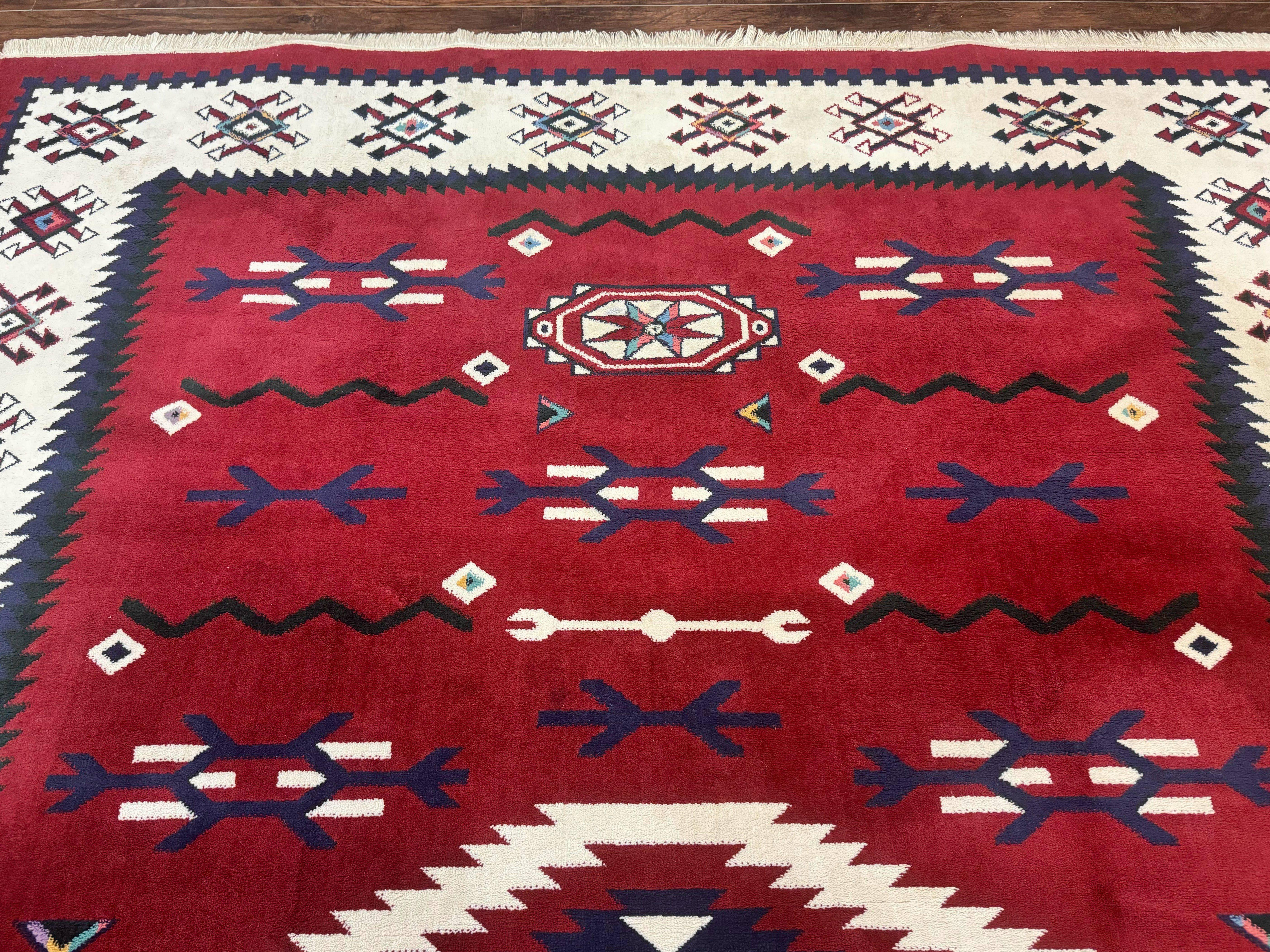 Belgium Power Loomed Rug 8x11, Navajo Native American Design, Dark Red and Ivory, Tribal Rug, Bohemian Carpet - Jewel Rugs