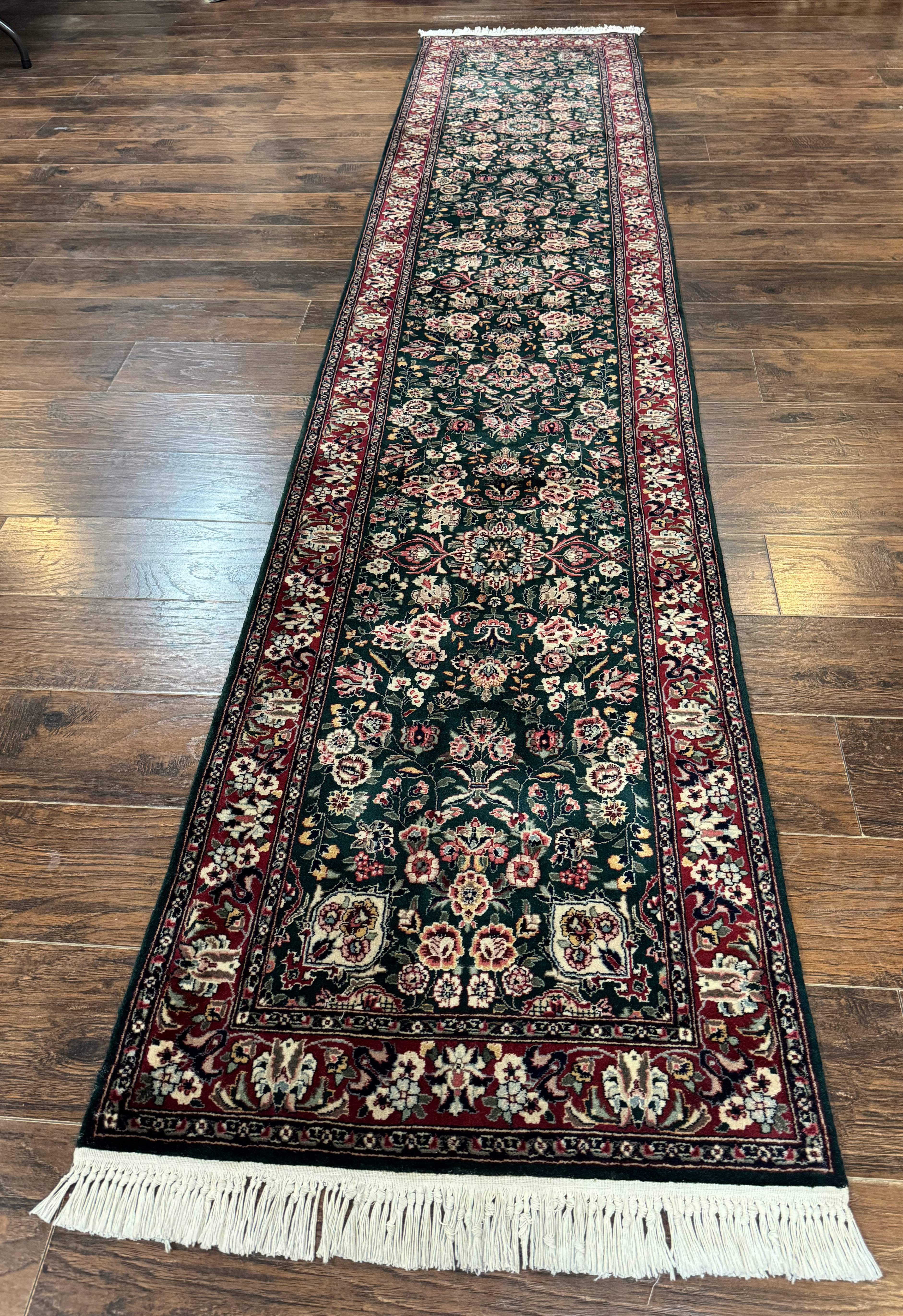 Pak Persian Runner Rug 3x12 – Dark Green and Wine Red, Hand-Knotted Wool, Vintage - Jewel Rugs