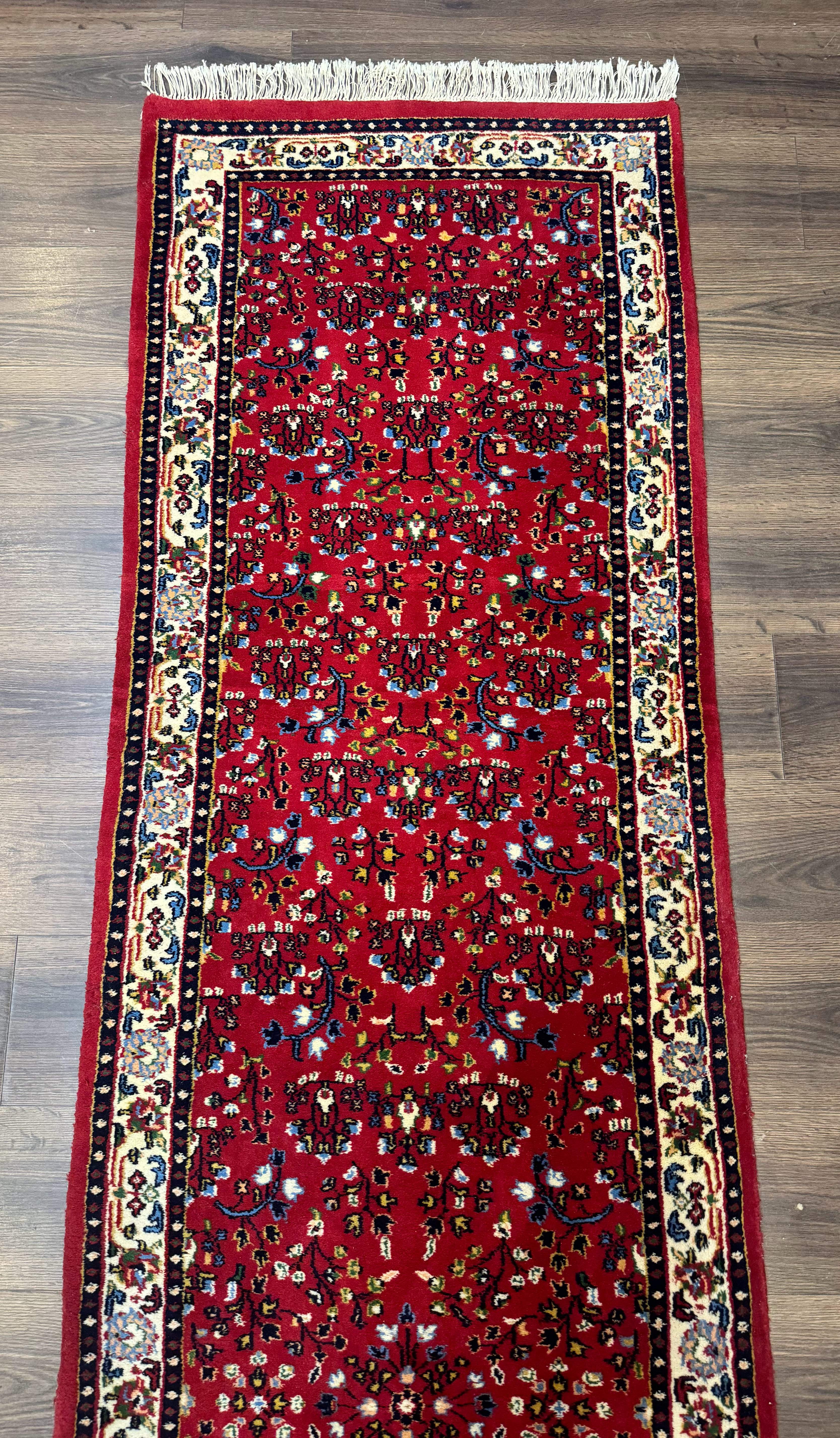 Indo Persian Sarouk Runner Rug 3 x 12, Red and Cream, Allover Pattern, 12ft Runner, Hand Knotted - Jewel Rugs