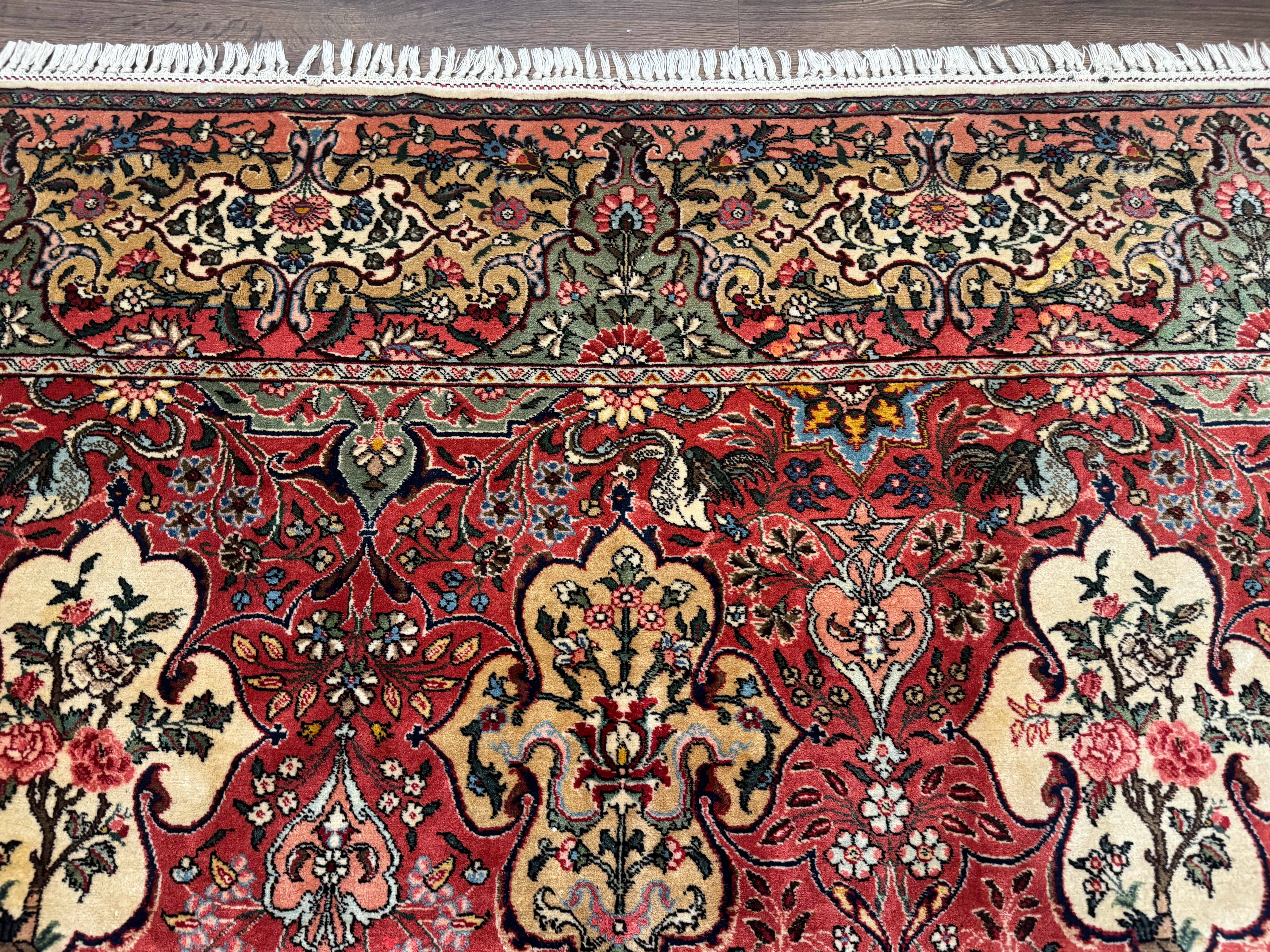 Antique Tabriz Persian Rug 7x10, Red Cream Tan, Unique Design, Fine 270 KPSI, Birds, Floral - Jewel Rugs