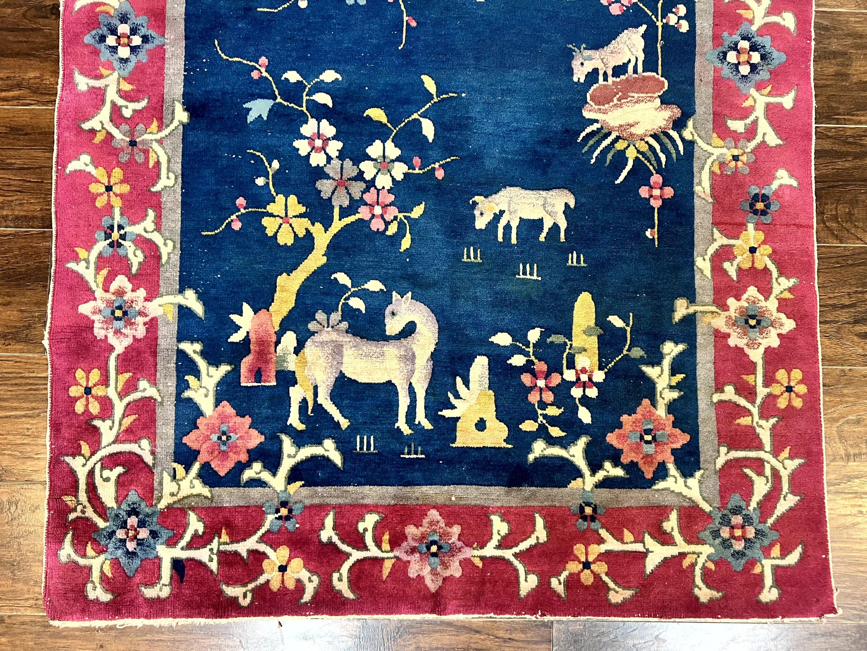 Antique Chinese Art Deco Rug, Animal Pictorials, Navy Blue and Magenta, Chinese Nichols Carpet, Wool - Jewel Rugs
