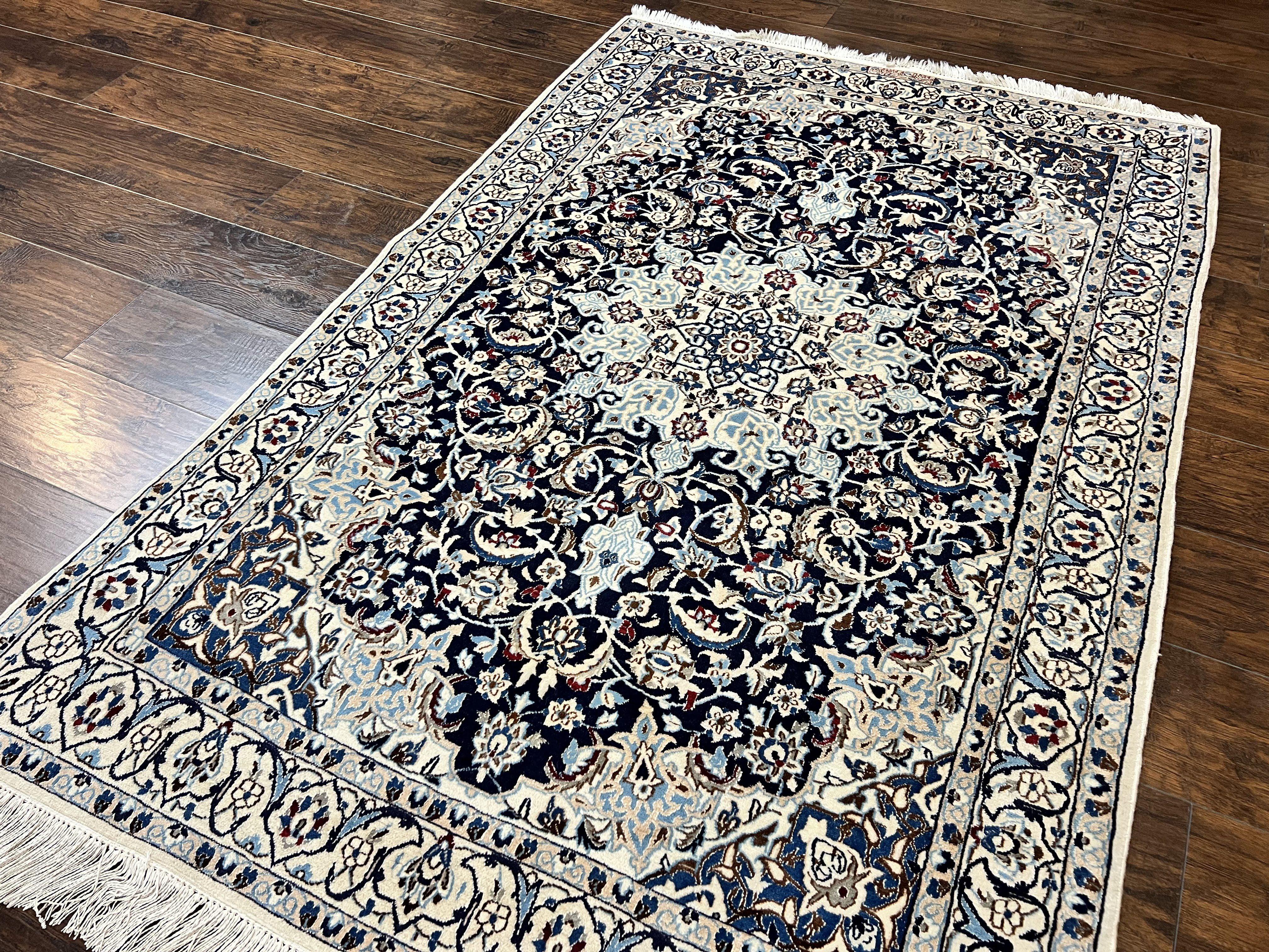 Persian Nain Rug 4x6, Floral, Hand Knotted Vintage Wool & Silk Highlights, Signature from Masterweaver, Navy Blue and Ivory - Jewel Rugs