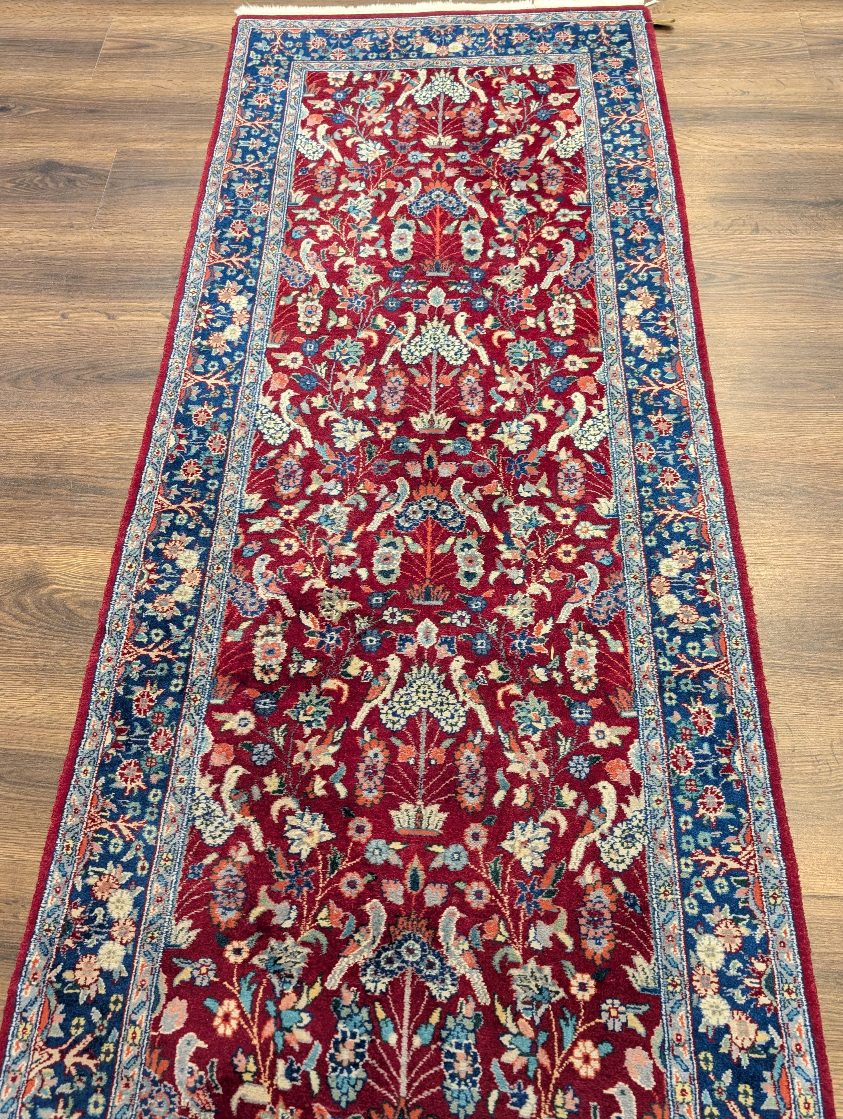 Pak Persian Runner 3 x 8 ft, Bird Motifs, Hand-Knotted Wool, Red, 210 KPSI - Jewel Rugs