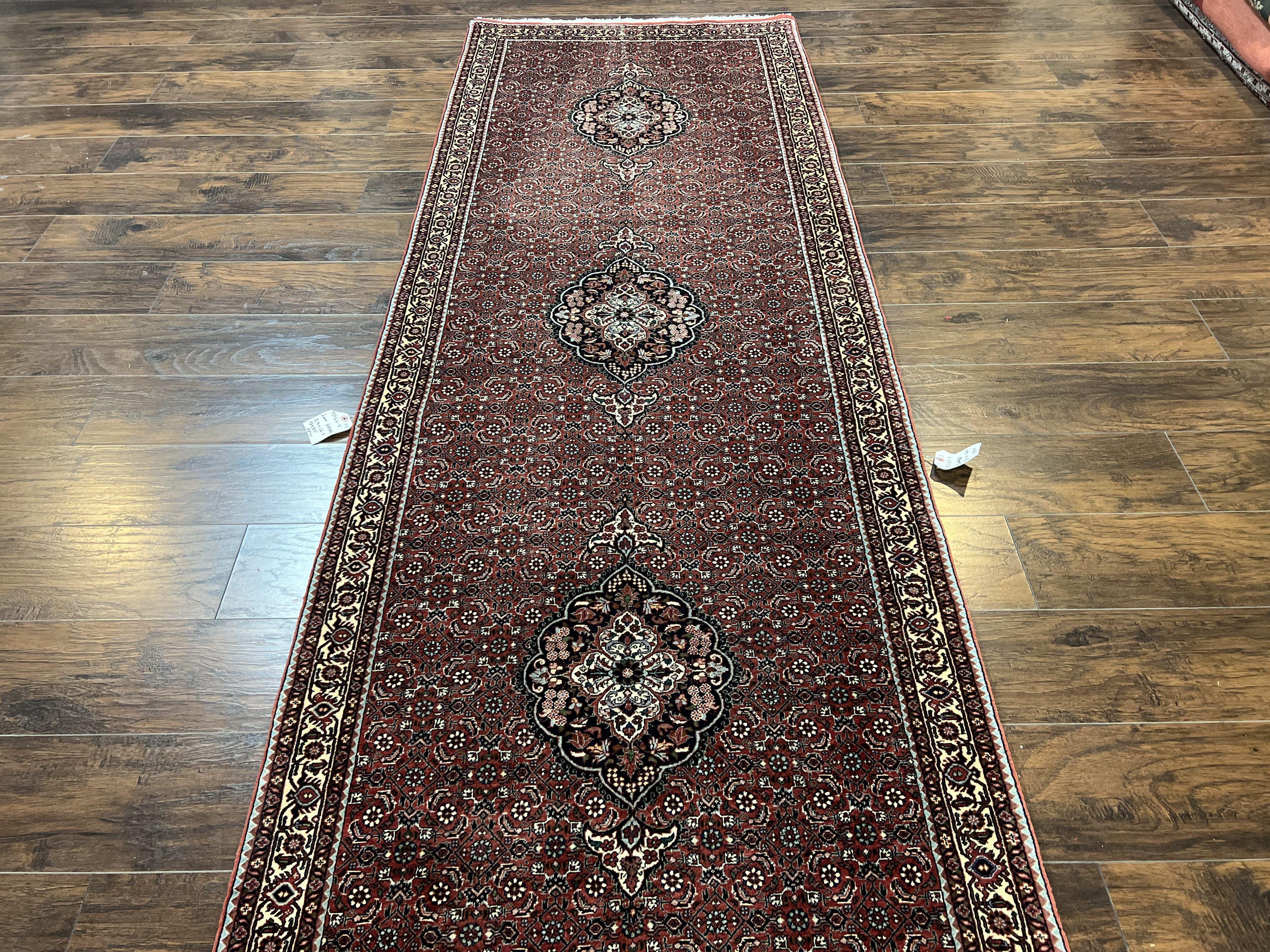 Persian Bidjar Runner Rug 3.5 x 12.7, Mahi Herati Pattern, Vintage Bijar Rug, Hand Knotted Fine Oriental Runner Rug, Wool, Dark Red, Hallway Rug - Jewel Rugs