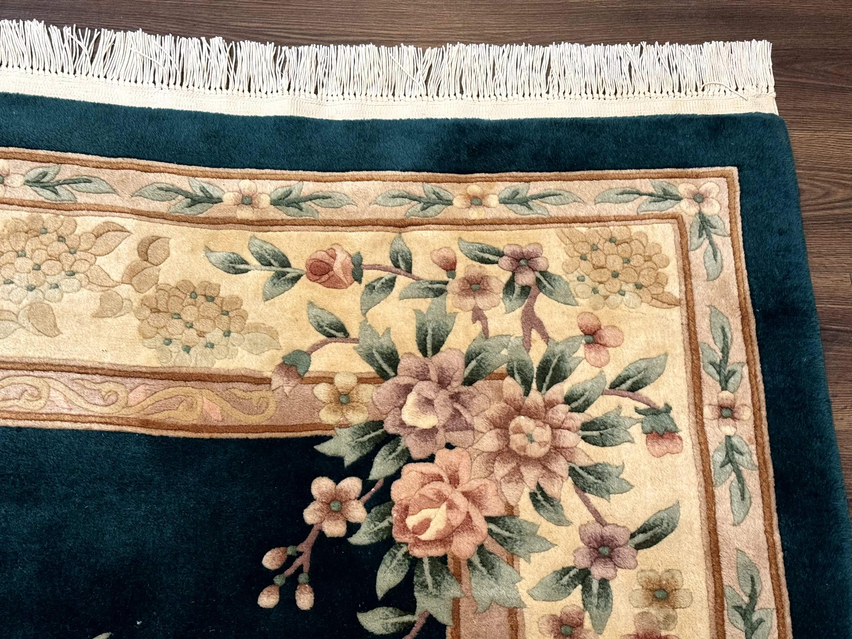 Chinese Wool Rug 8x10, Floral, Soft Thick Pile, Chinese Aubusson 90 Line Rug, Dark Teal and Beige - Jewel Rugs