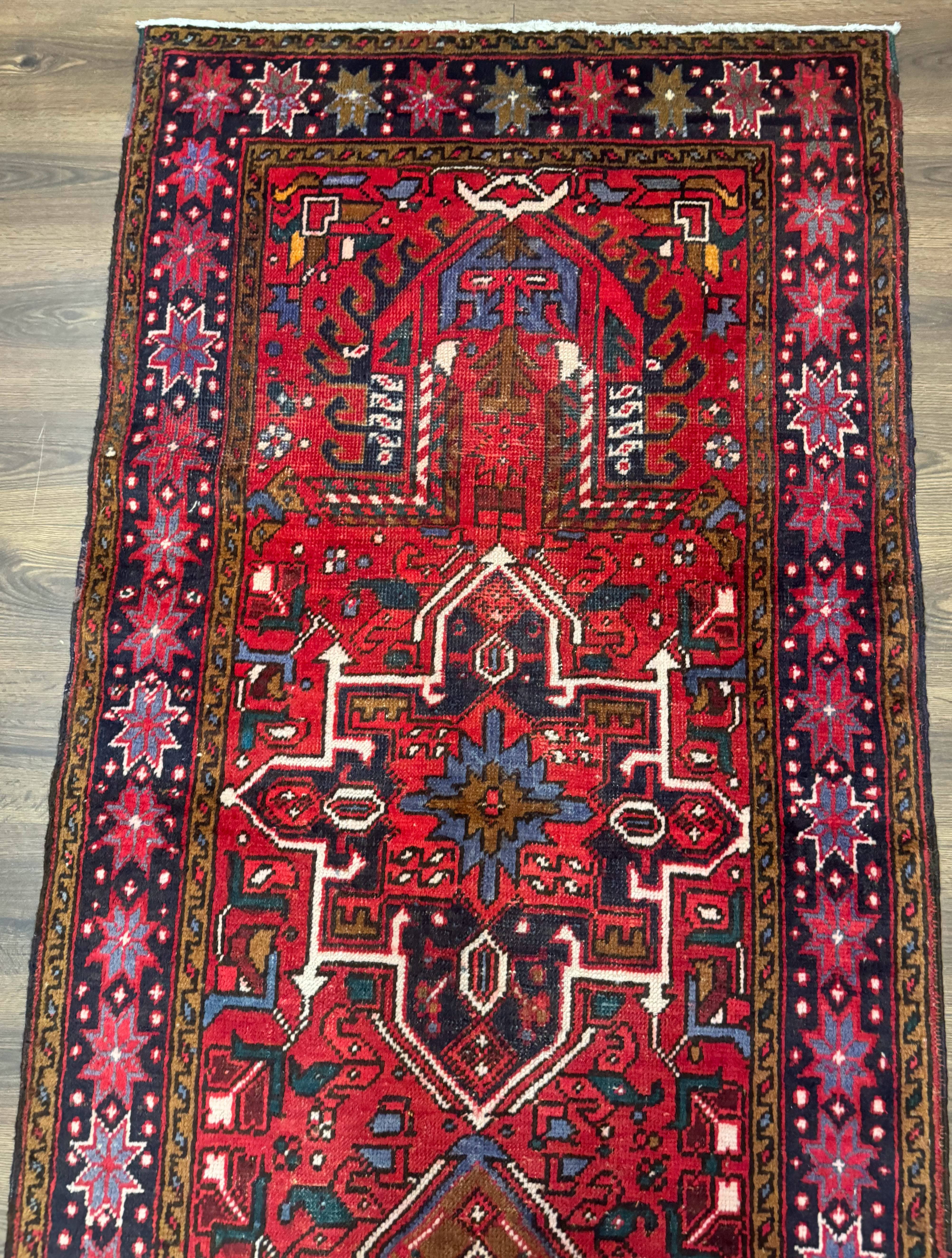 Persian Heriz Karajeh Runner Rug 3.7 x 12, Geometric Medallions, Red and Navy Blue - Jewel Rugs