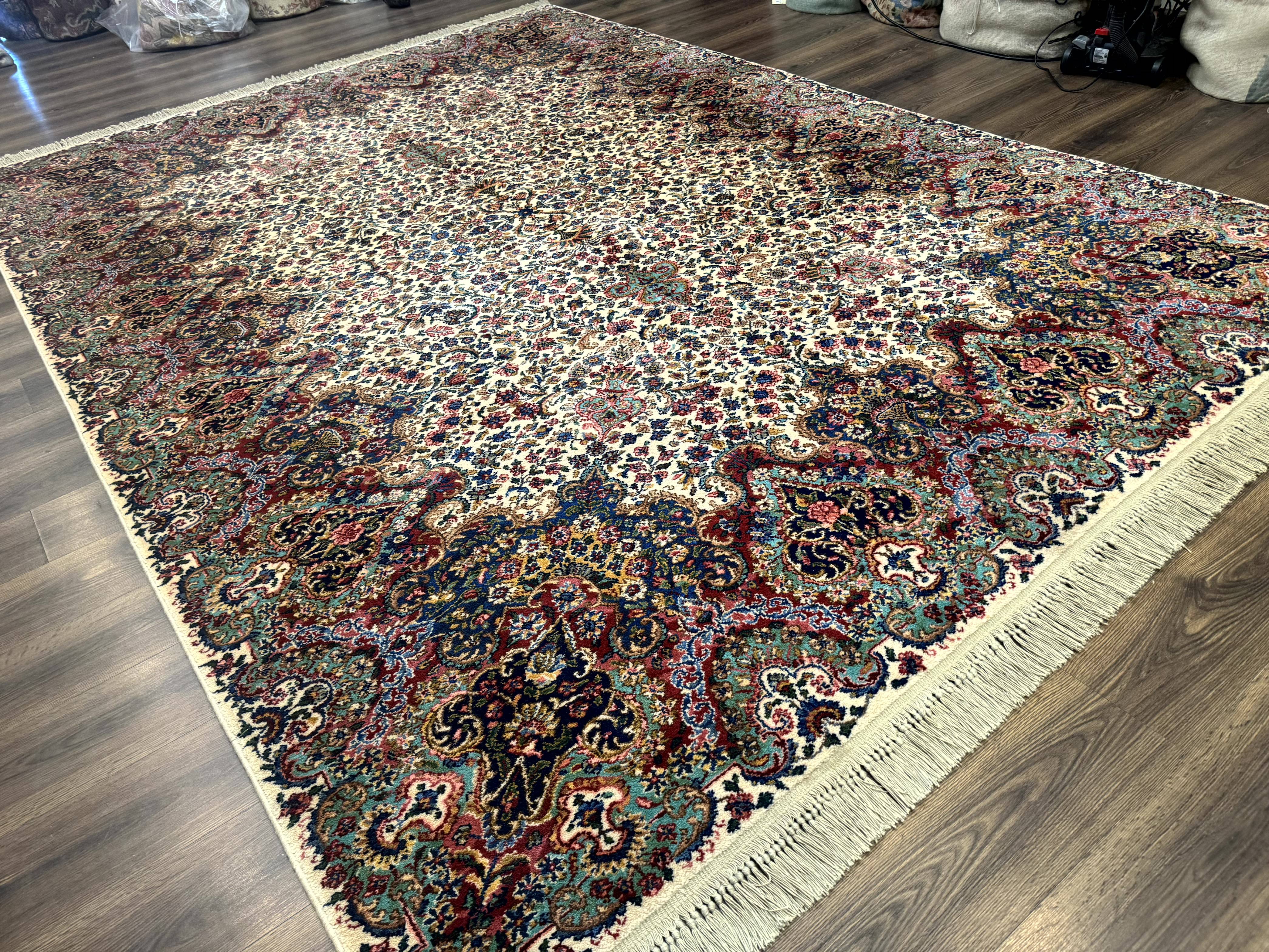 Karastan Ivory Kirman Rug #742, Wool Karastan Carpet 8.8 x 12, Vintage - Jewel Rugs