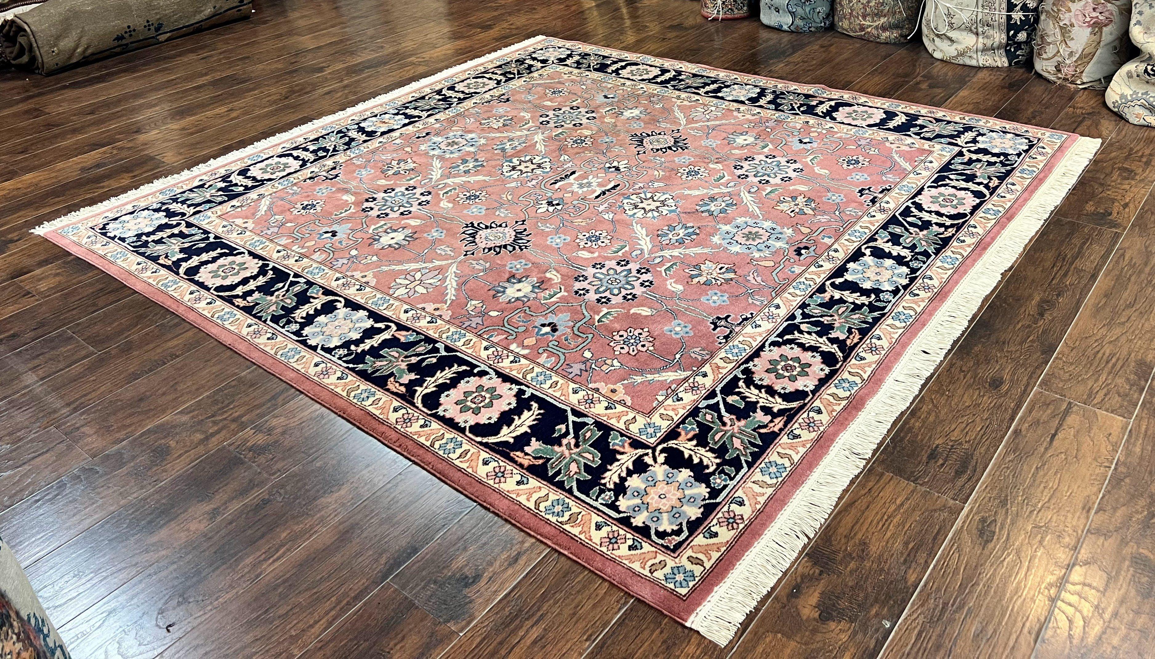 Indo Persian Square Rug 8x8 ft, Pink and Navy Blue, Allover Pattern, Handmade Vintage Wool Carpet - Jewel Rugs