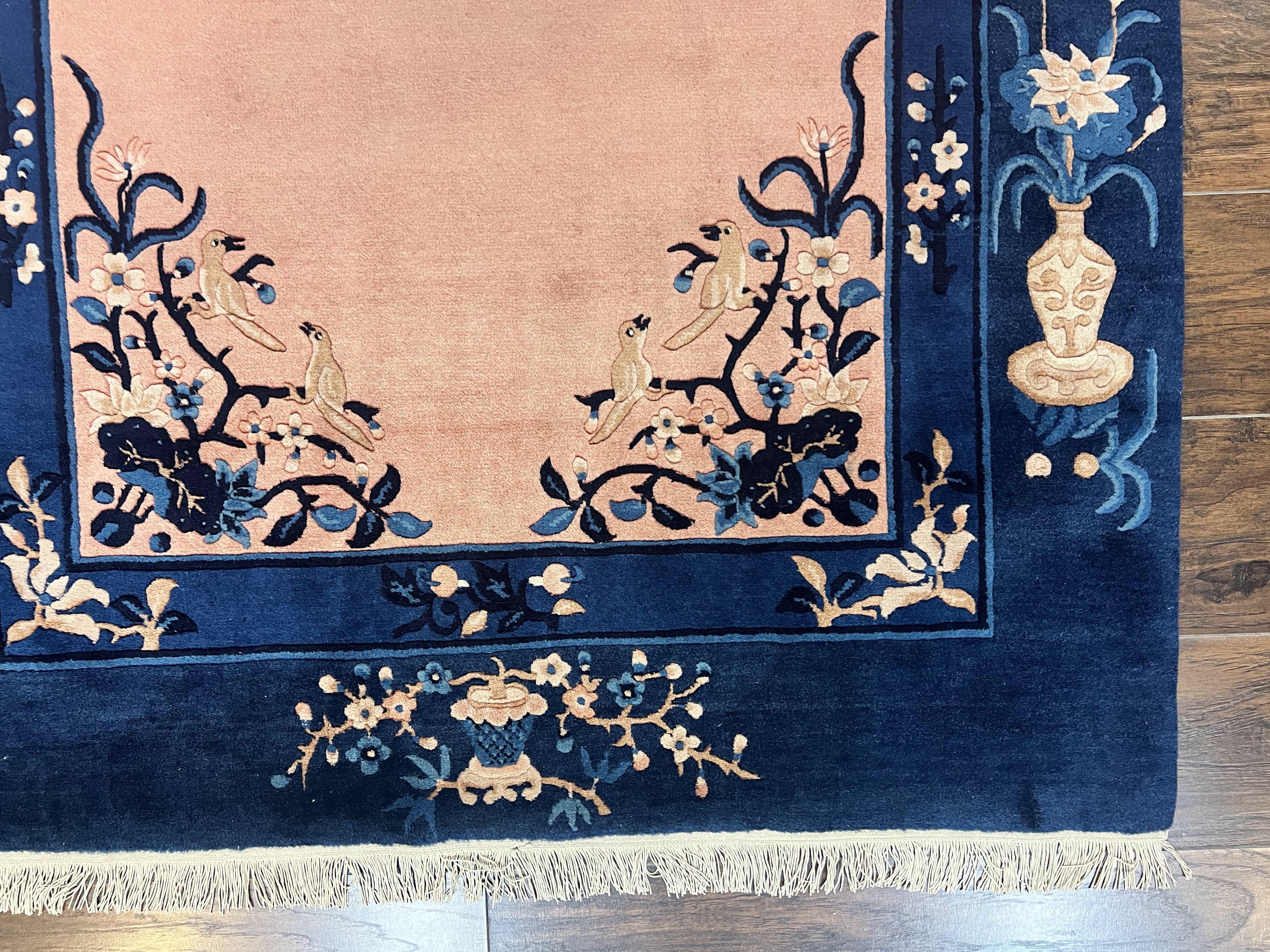 Antique Chinese Peking Rug 4x6, Vases & Bird Motifs, Navy Blue, Handmade Wool Asian Oriental Art Deco Carpet - Jewel Rugs