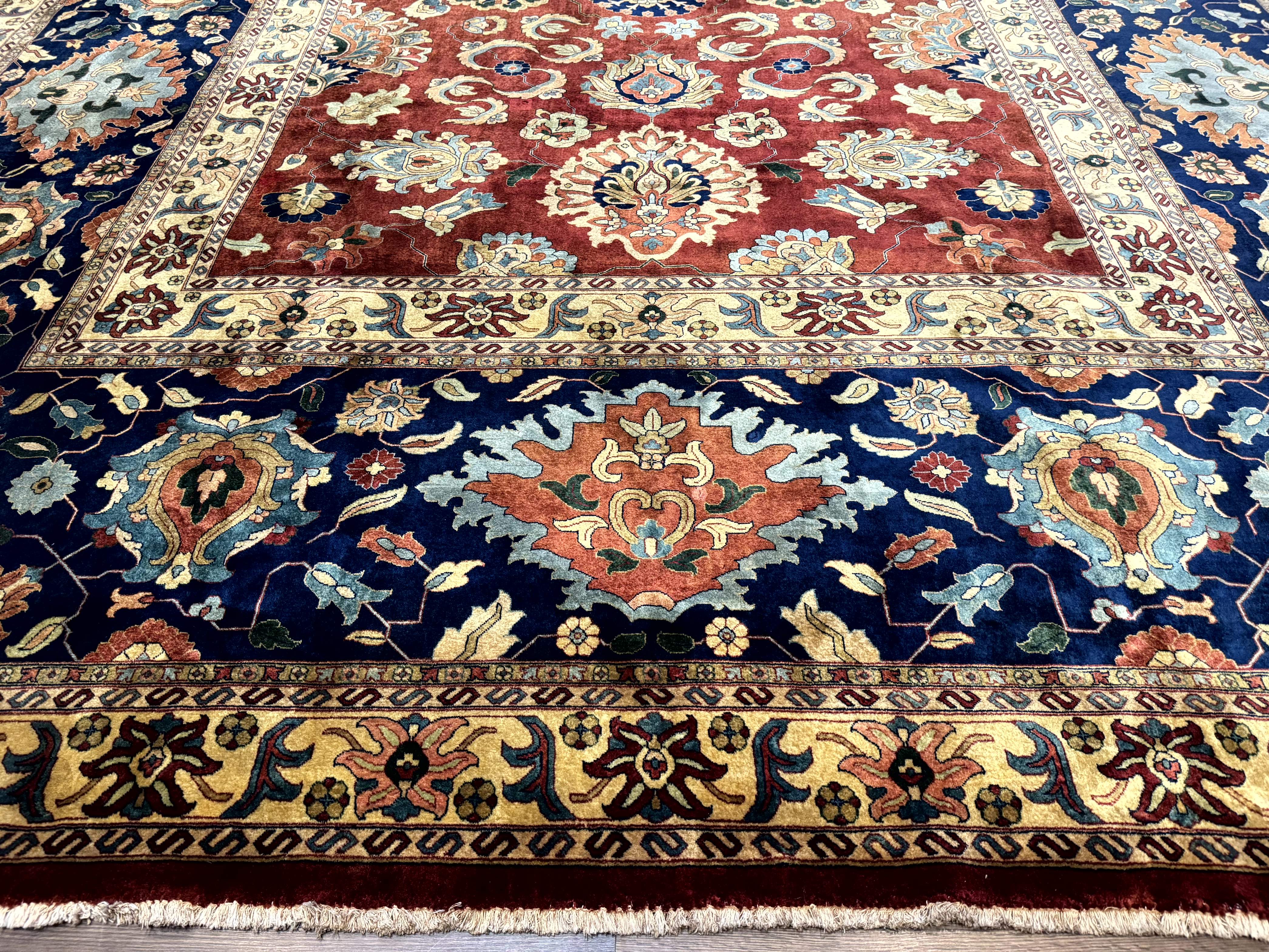 Palace Size Indo Persian Rug 12x15, Sultanabad Mahal Carpet, Red Navy Blue, Fine 210 KPSI - Jewel Rugs