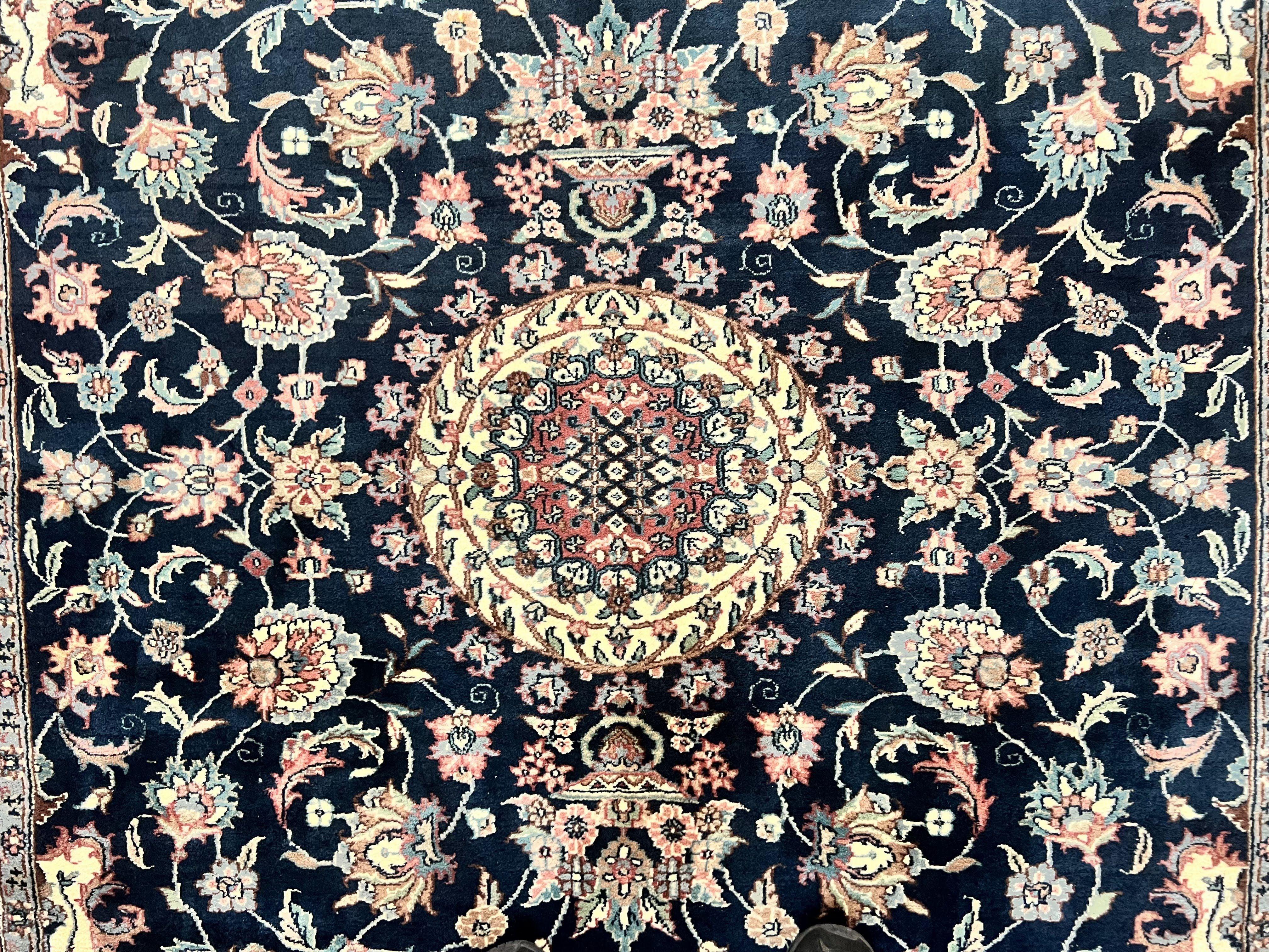 Pak Persian Rug, Floral Medallion, Dark Blue & Rose, Traditional Oriental Carpet, Handmade Wool Vintage Medium Size Rug - Jewel Rugs