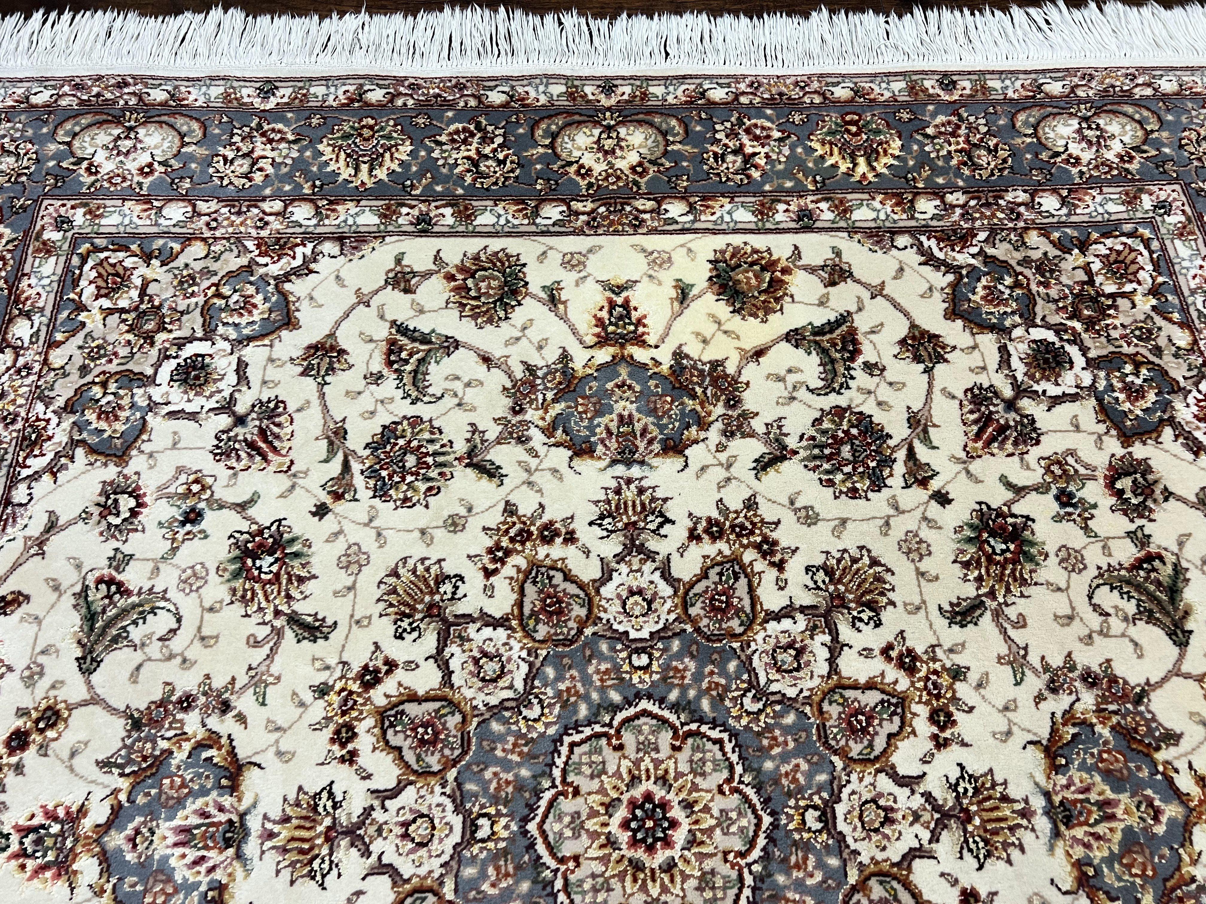 Sino Persian Square Rug 5x5, Very Fine Oriental Carpet, Wool & Silk Highlights, Ivory, Hand Knotted Handmade Vintage Traditional Rug - Jewel Rugs