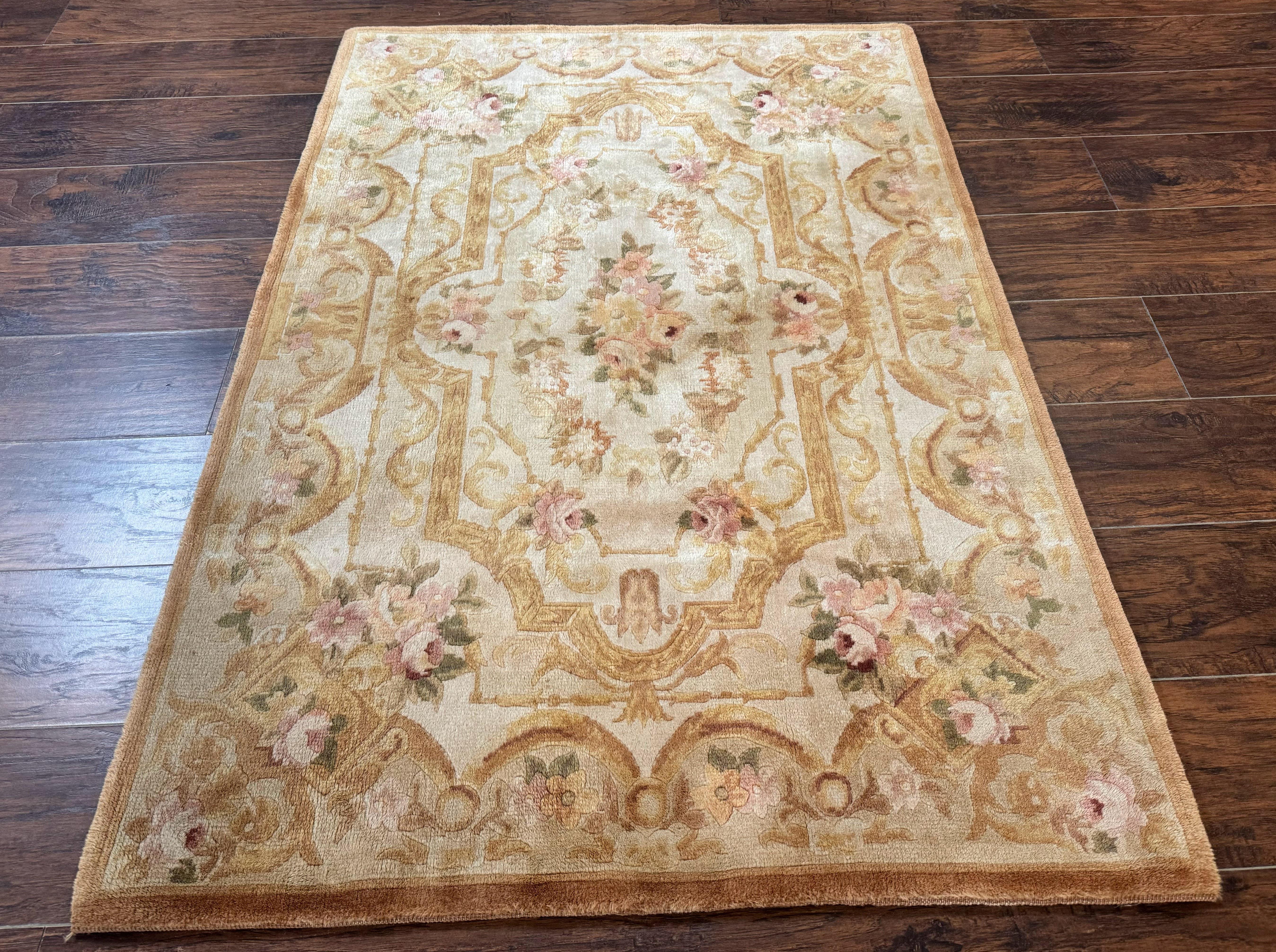 Chinese Aubusson Rug 3.6 x 5, Beige and Gold, Handmade Vintage Elegant European Design Carpet, Plush Wool, Handmade - Jewel Rugs