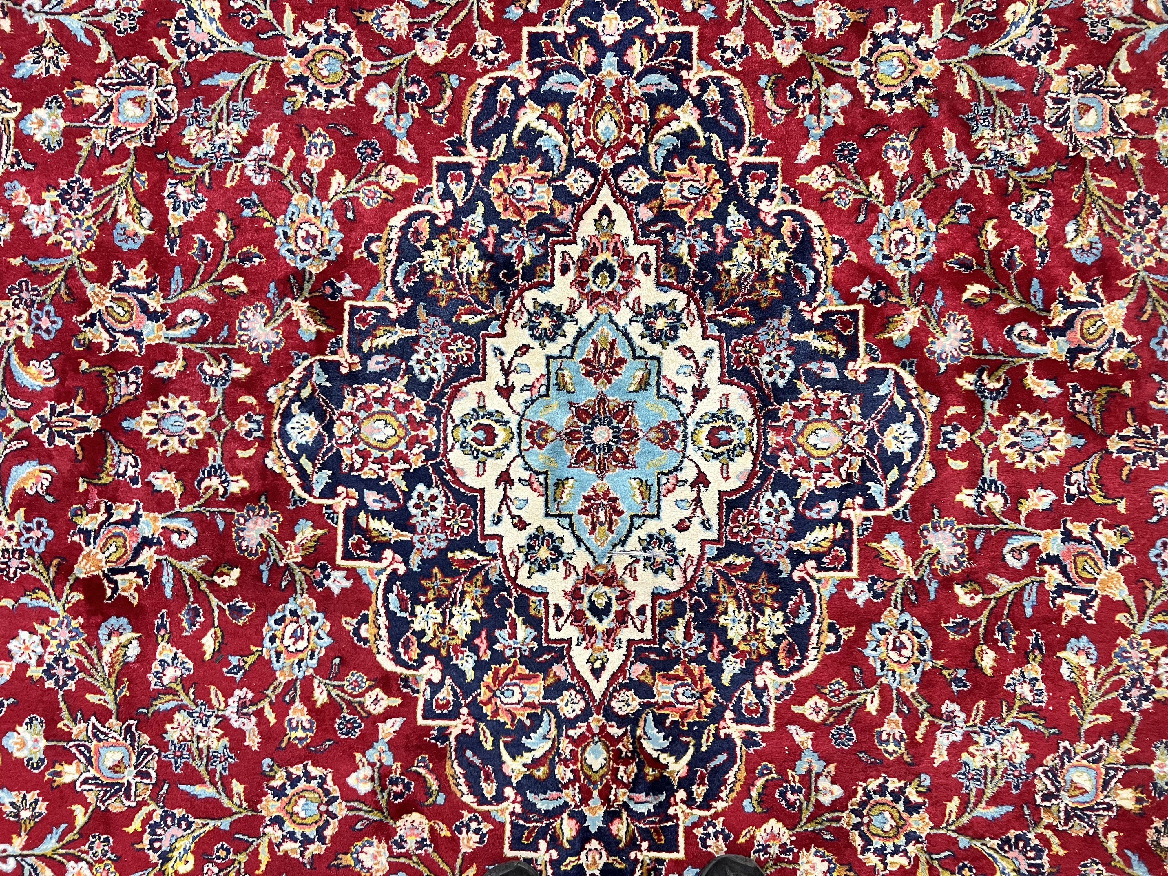 Persian Kashan Rug 10x14, Wool Hand Knotted Vintage Carpet, Red & Navy Blue Floral Allover Rug, Traditional Oriental Rug 10 x 14, Semi Antique - Jewel Rugs
