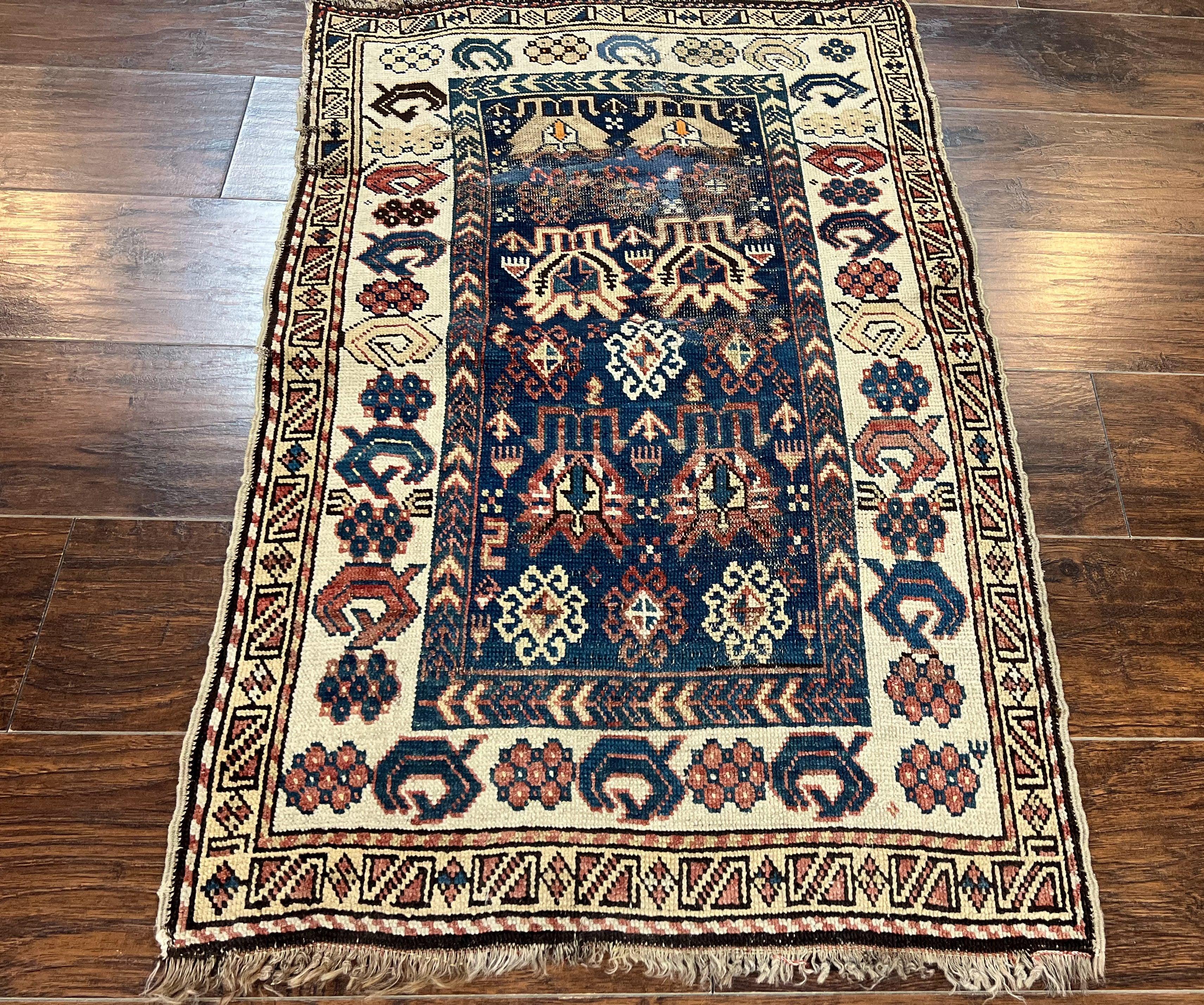 Antique Caucasian Kazak Rug 2.5 x 4, Navy Blue and Ivory, Hand Knotted Handmade Wool Rug - Jewel Rugs