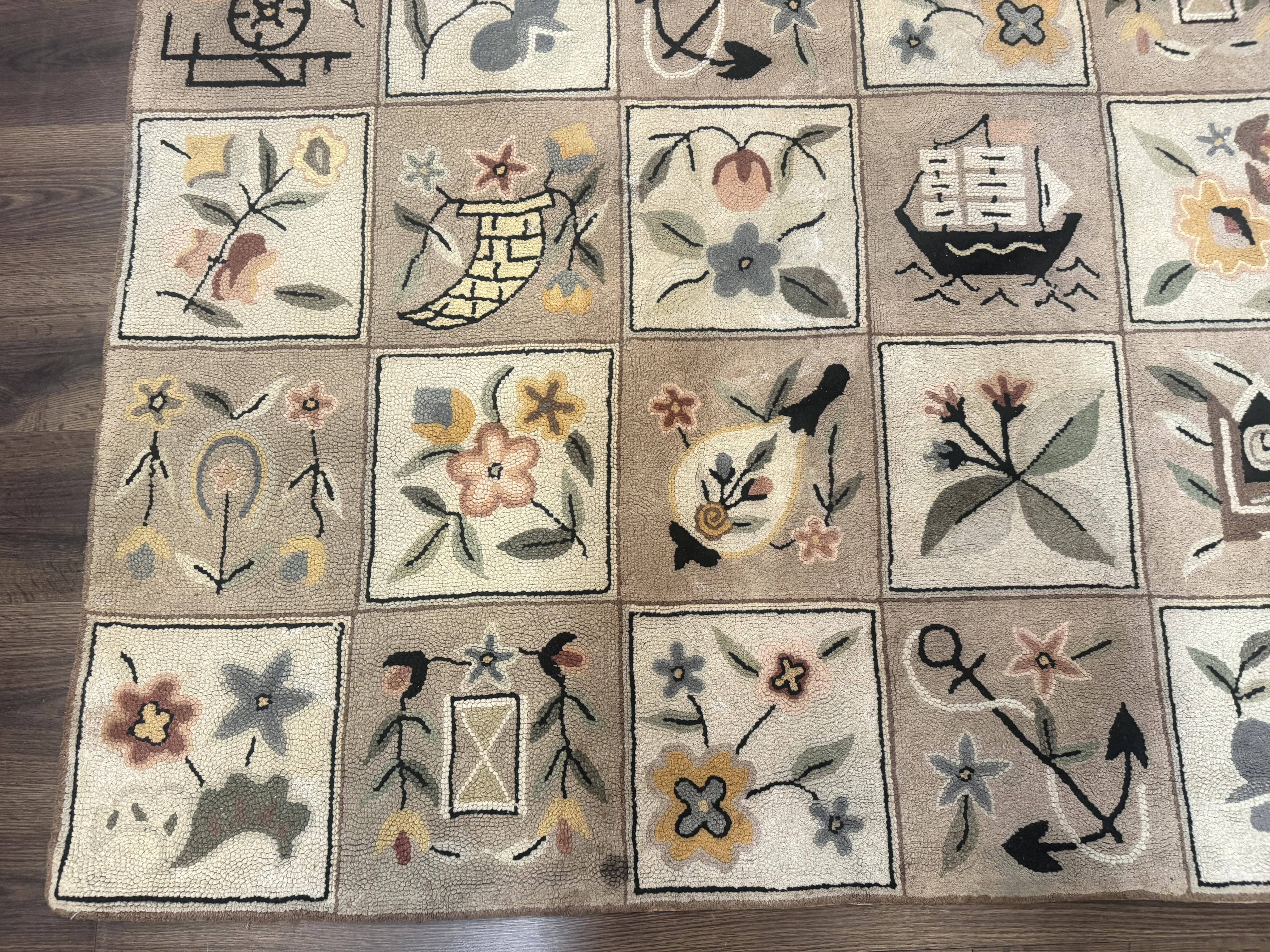 American Hooked Rug 6x9, Panel Design, Vintage, Ivory & Soft Pink - Jewel Rugs