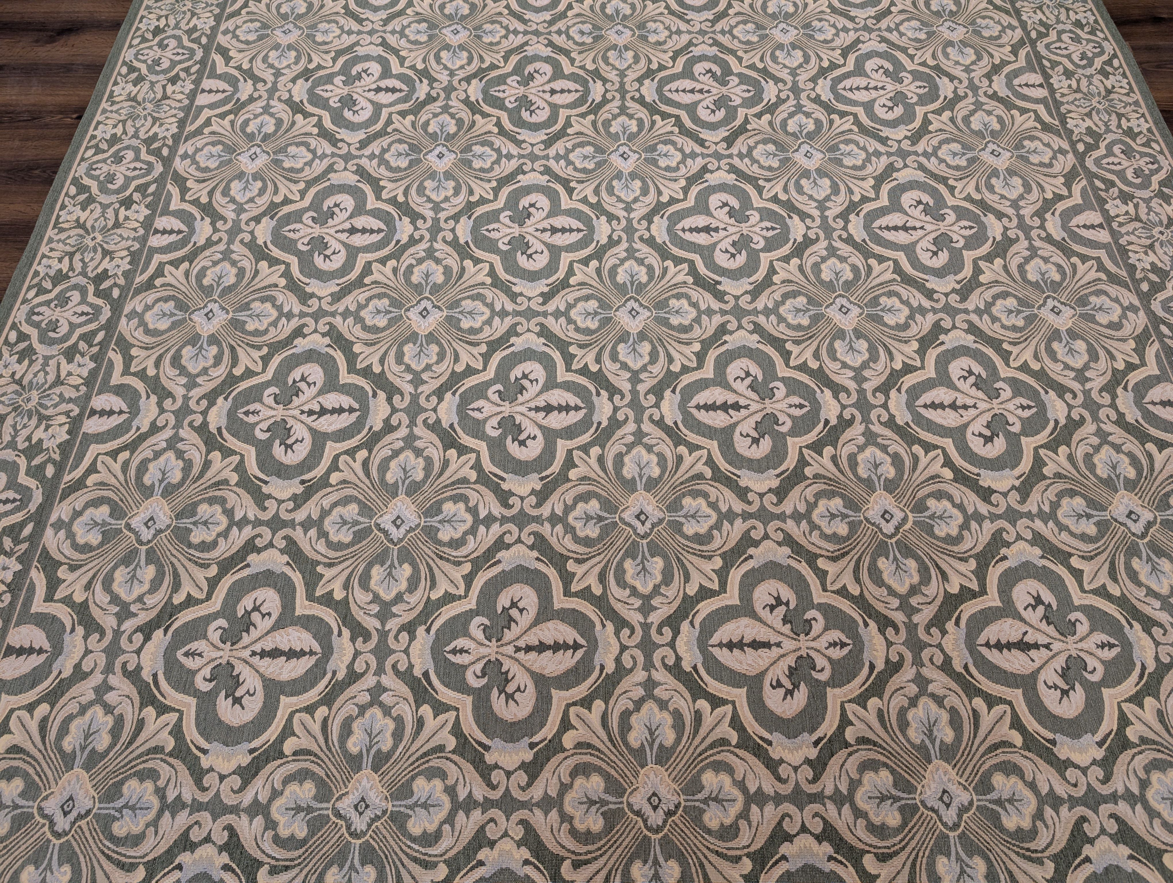 Green Aubusson Rug 9x12, European Design, Wool - Jewel Rugs