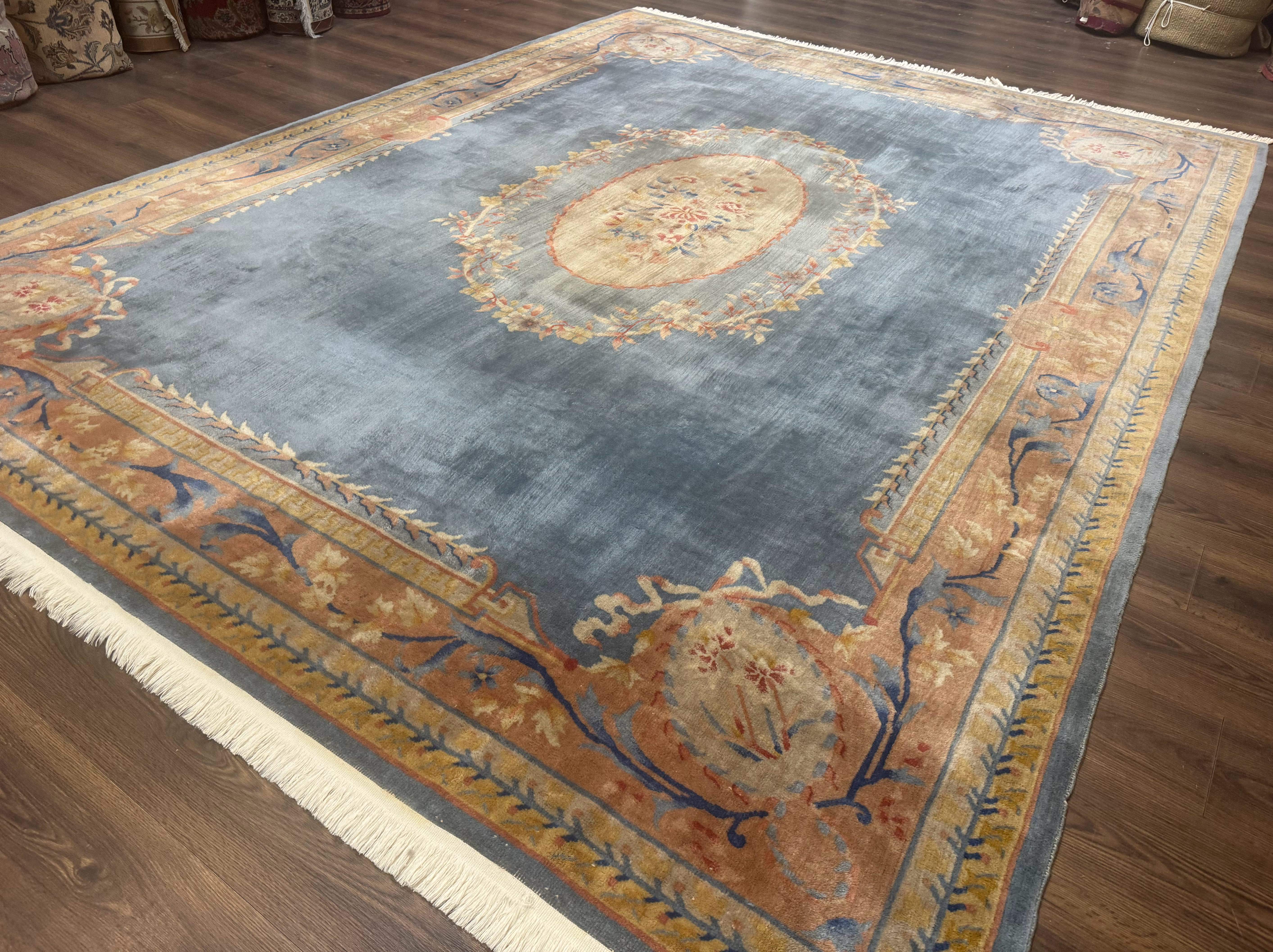 Chinese Aubusson Wool Rug 9x11, Light Blue and Salmon, Hand Knotted, Soft Pile - Jewel Rugs