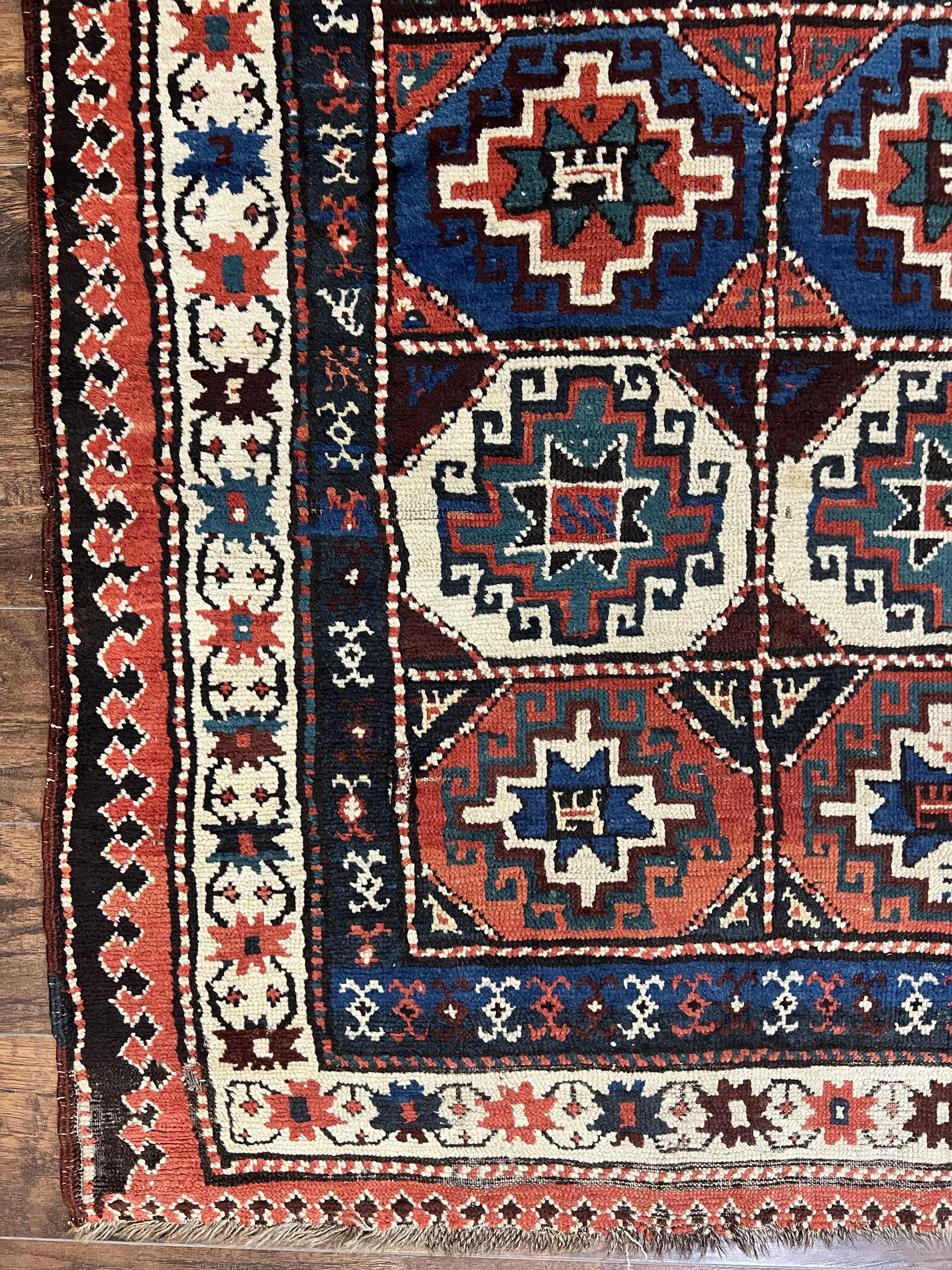 Antique Caucasian Kazak Runner Rug 4 x 9.5, Handmade Wool Rug for Hallway, Rare Colorful Panel Design Mid 19th Century 1870s Oriental Carpet - Jewel Rugs
