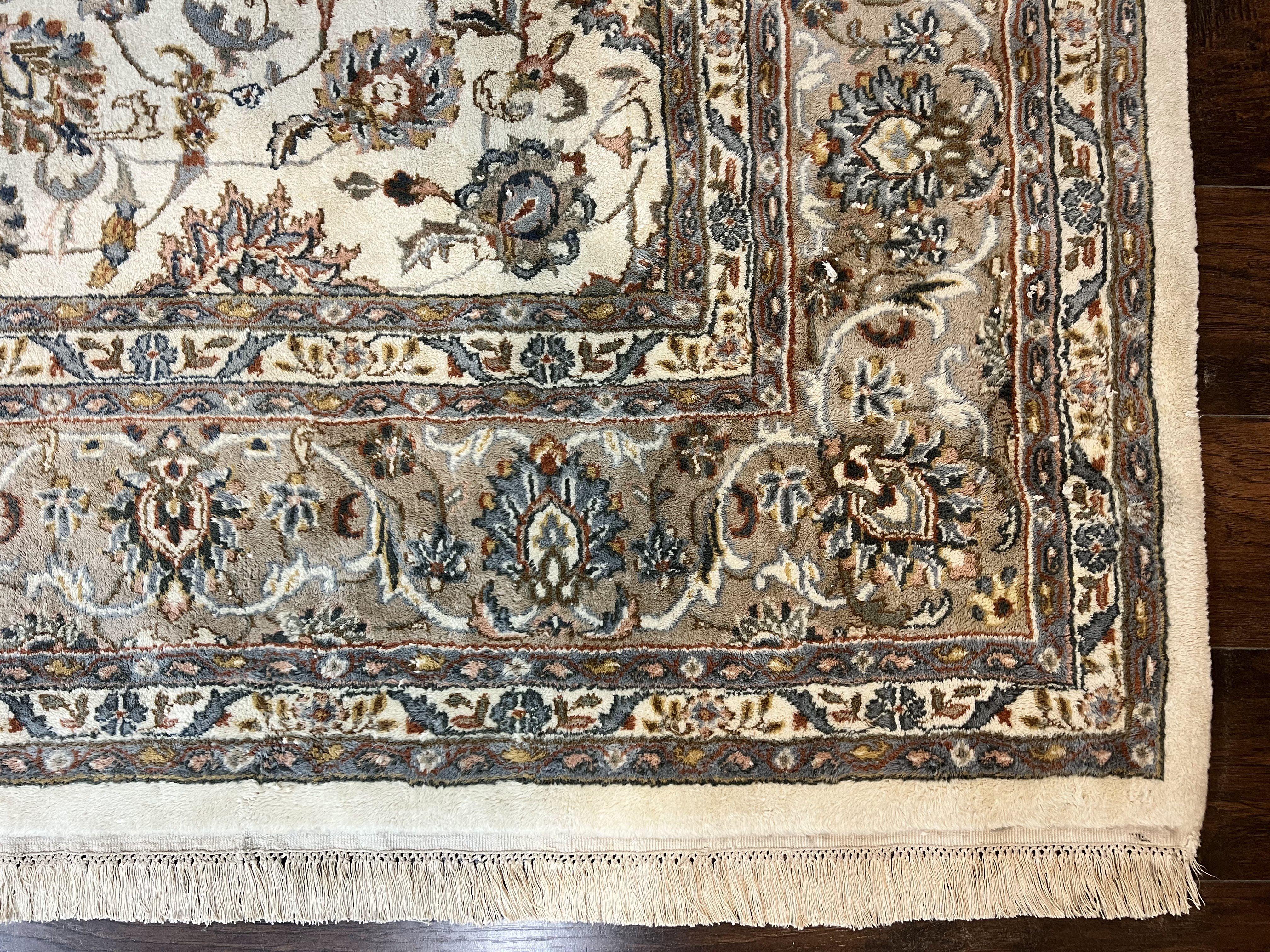 Indo Persian Rug 8x10, Floral Allover, Ivory and Gray, Handmade Vintage Wool Carpet - Jewel Rugs